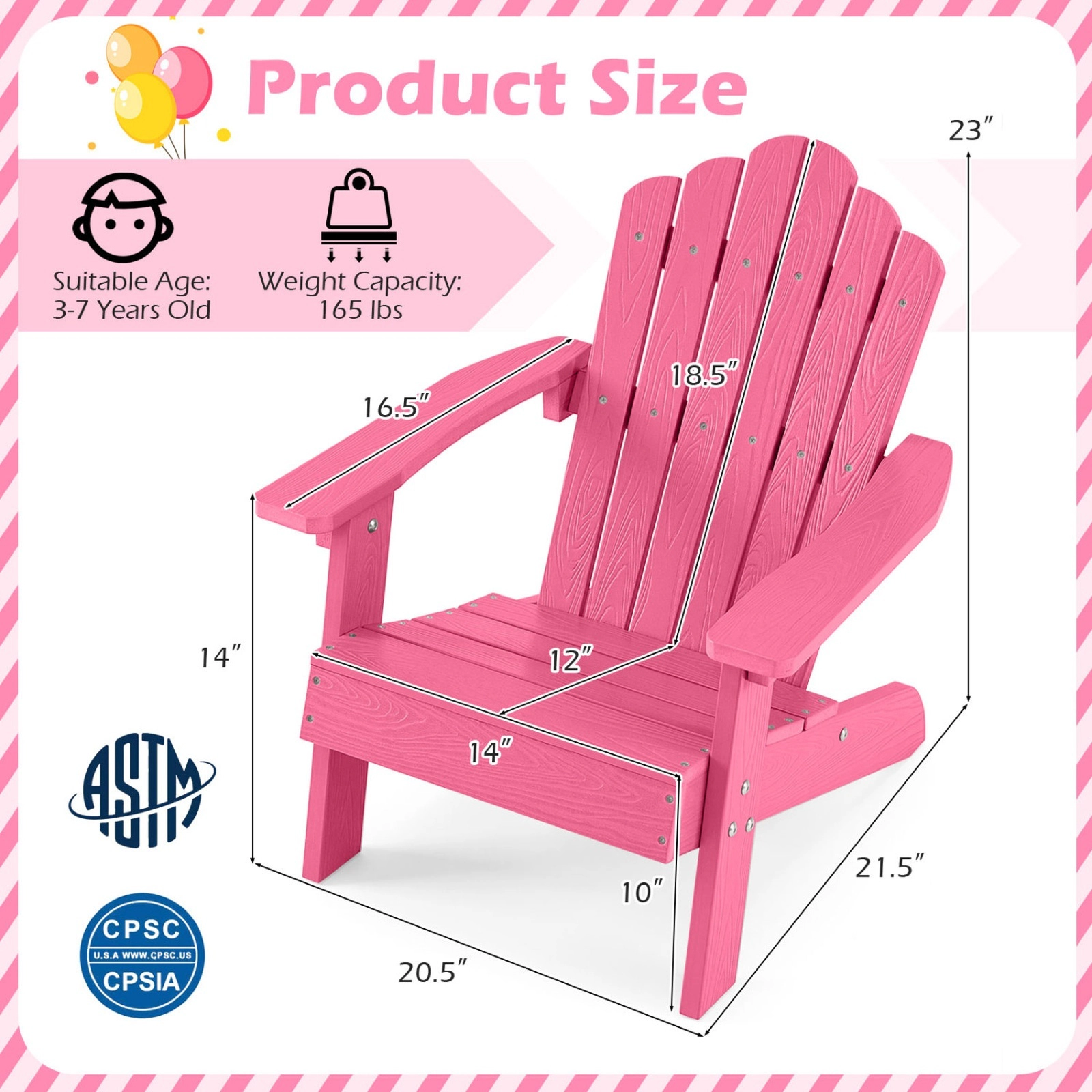 Kids Adirondack Chair All-Weather HIPS Plastic Outdoor Patio Lounge Chair with Tilted High Backrest and Wide Pink