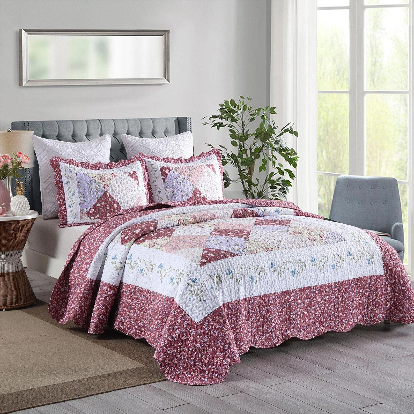 MarCielo 3 Piece Floral Print Quilt Set – Lightweight Cottage Garden Bedspread