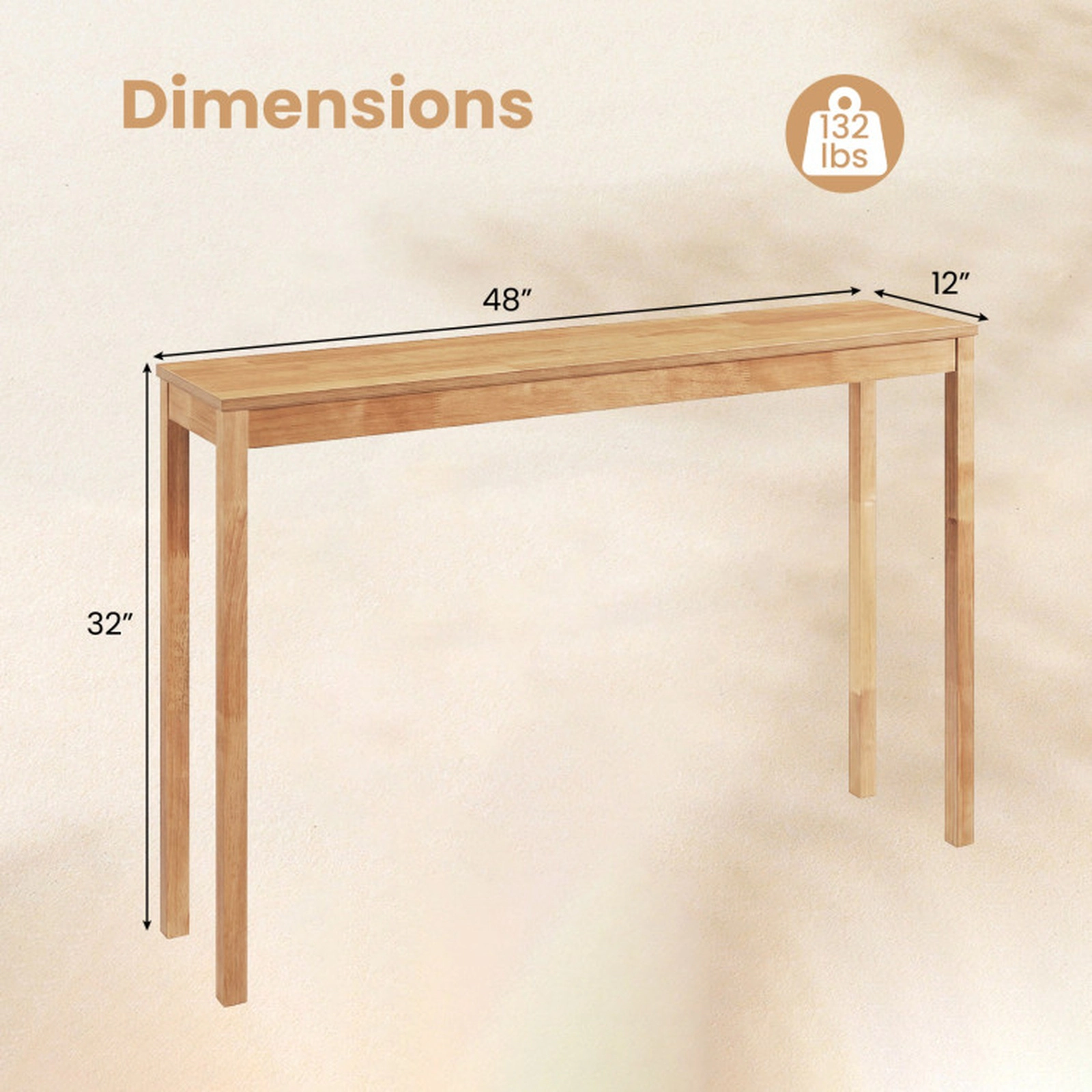 SUGIFT 48-in 132-lb Capacity 12-in Narrow Modern Farmhouse Rubber Wood Console Sofa Table with Thickened Top