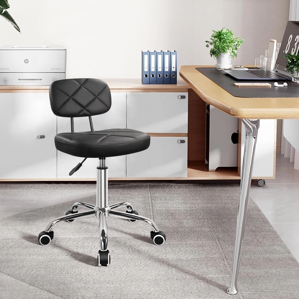 KKTONER Office Chair with Back Office Stool with Wheels Height Adjustable Square stools for Drafting Home Work (Black)