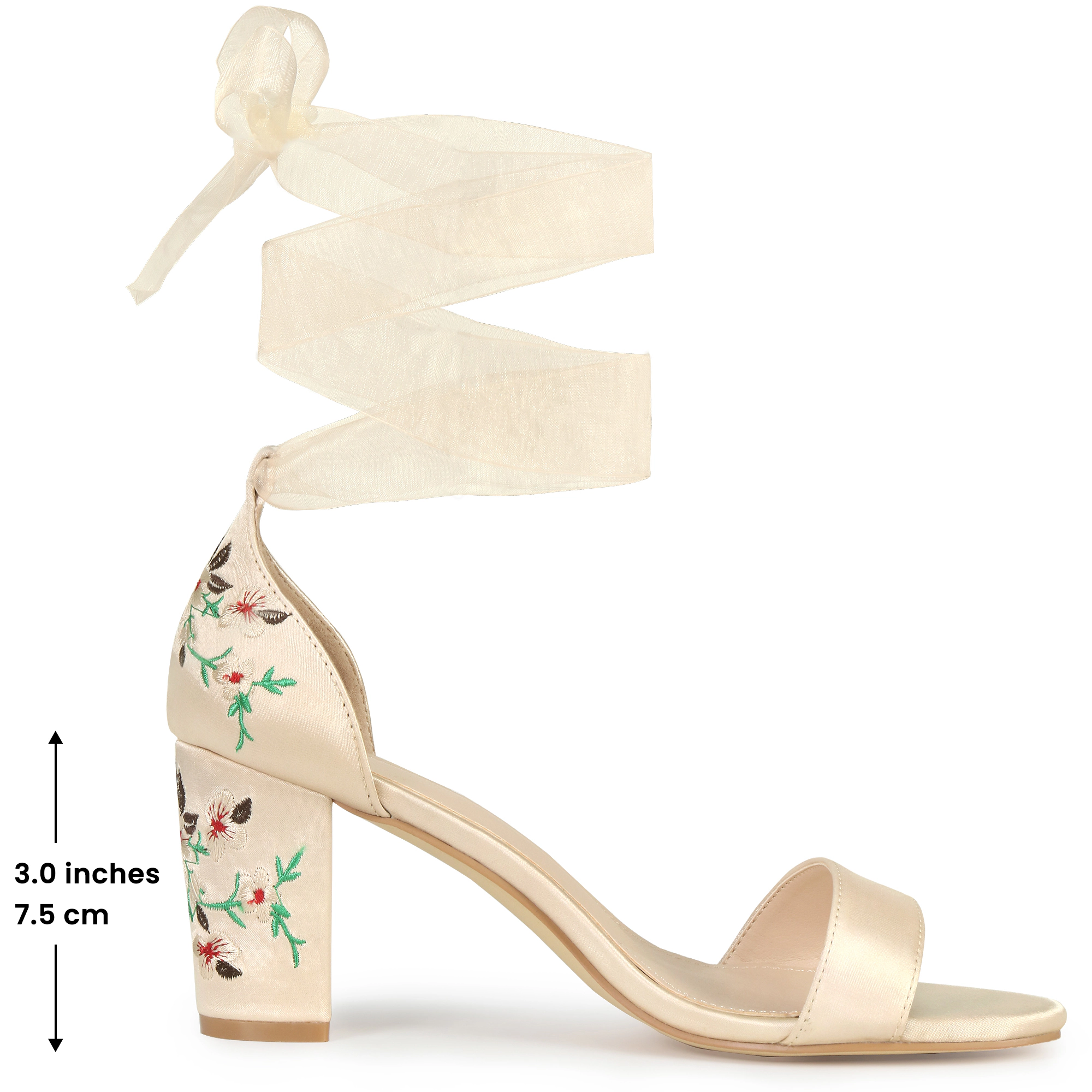BLISSFUL STEP Women's Satin Floral Lace Up Chunky Heel Open Toe Sandals