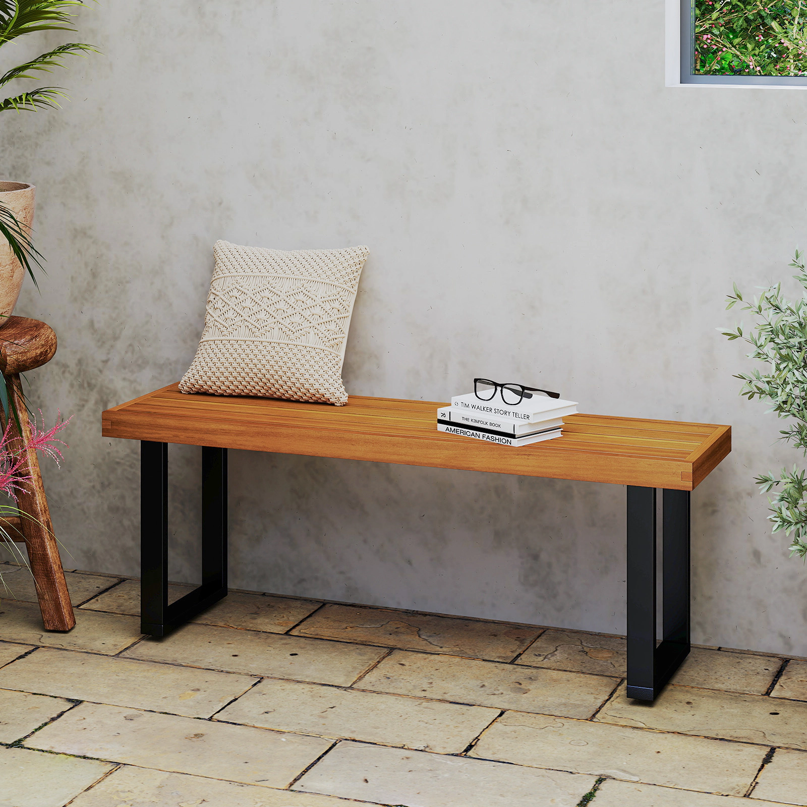 SUGIFT Solid Acacia Wood Outdoor Patio Dining Bench 800-lb Capacity 48-in Long 2-Person Seat 1-Piece Natural+Black