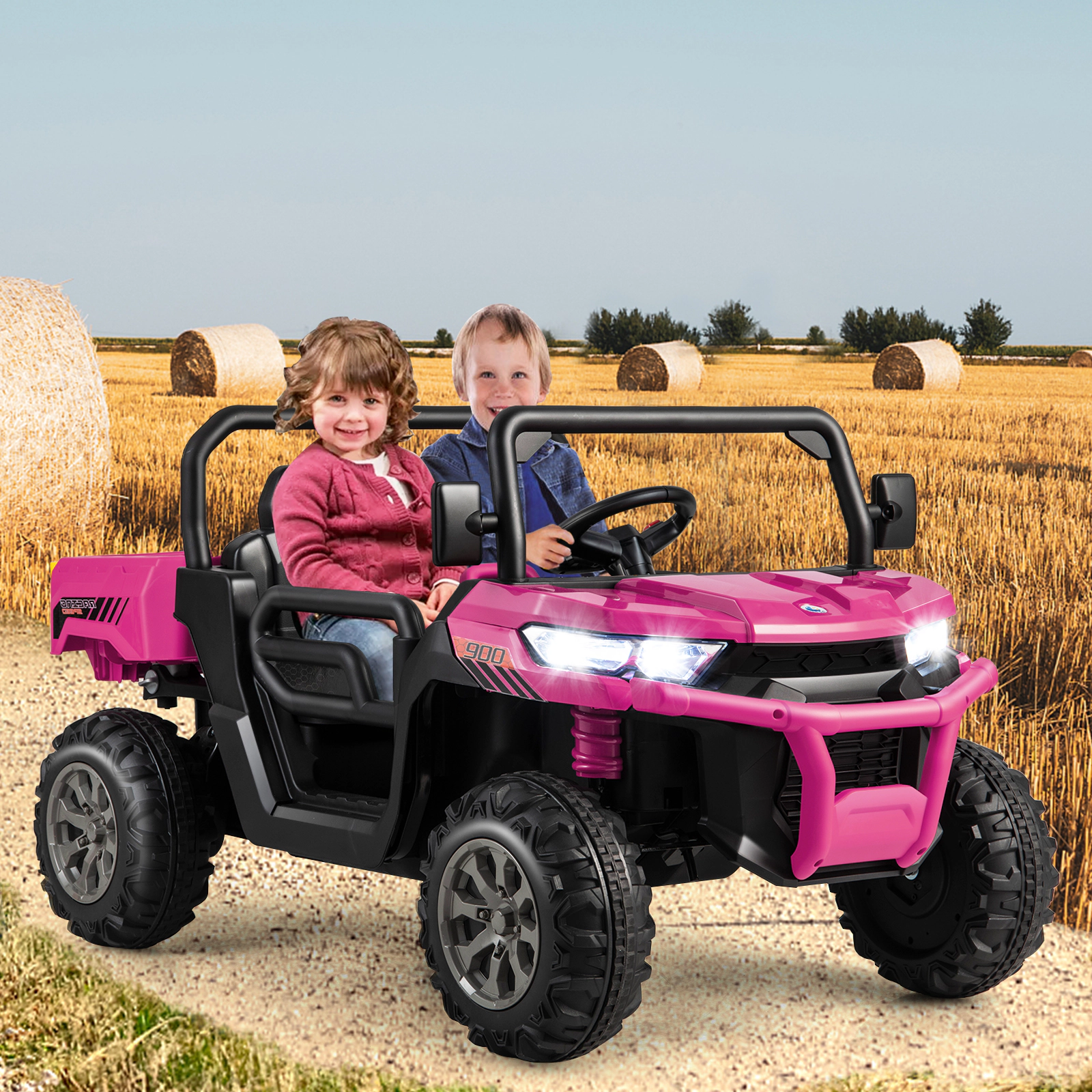 24V Kids Ride On Car One-Button Dump Bed Shovel Holder Parent Remote and Spring Suspension Ages 3-8 Pink Dump Truck