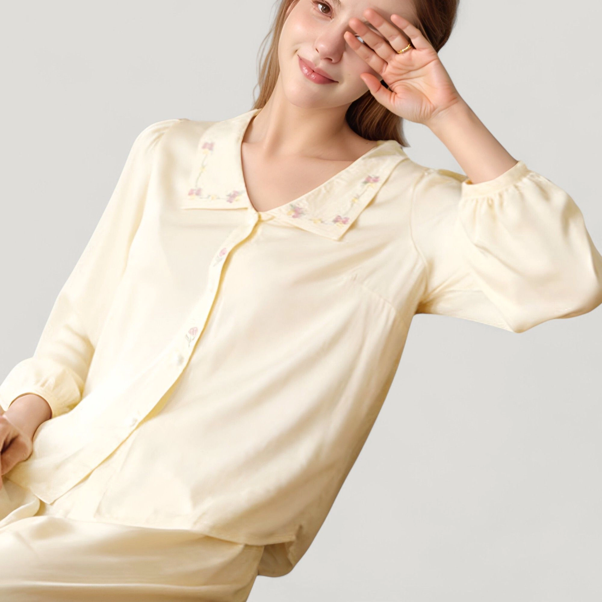 Anna-Kaci Women's Woven Two-Piece Pajama Set with Embroidered Sailor Collar and Button Down Top