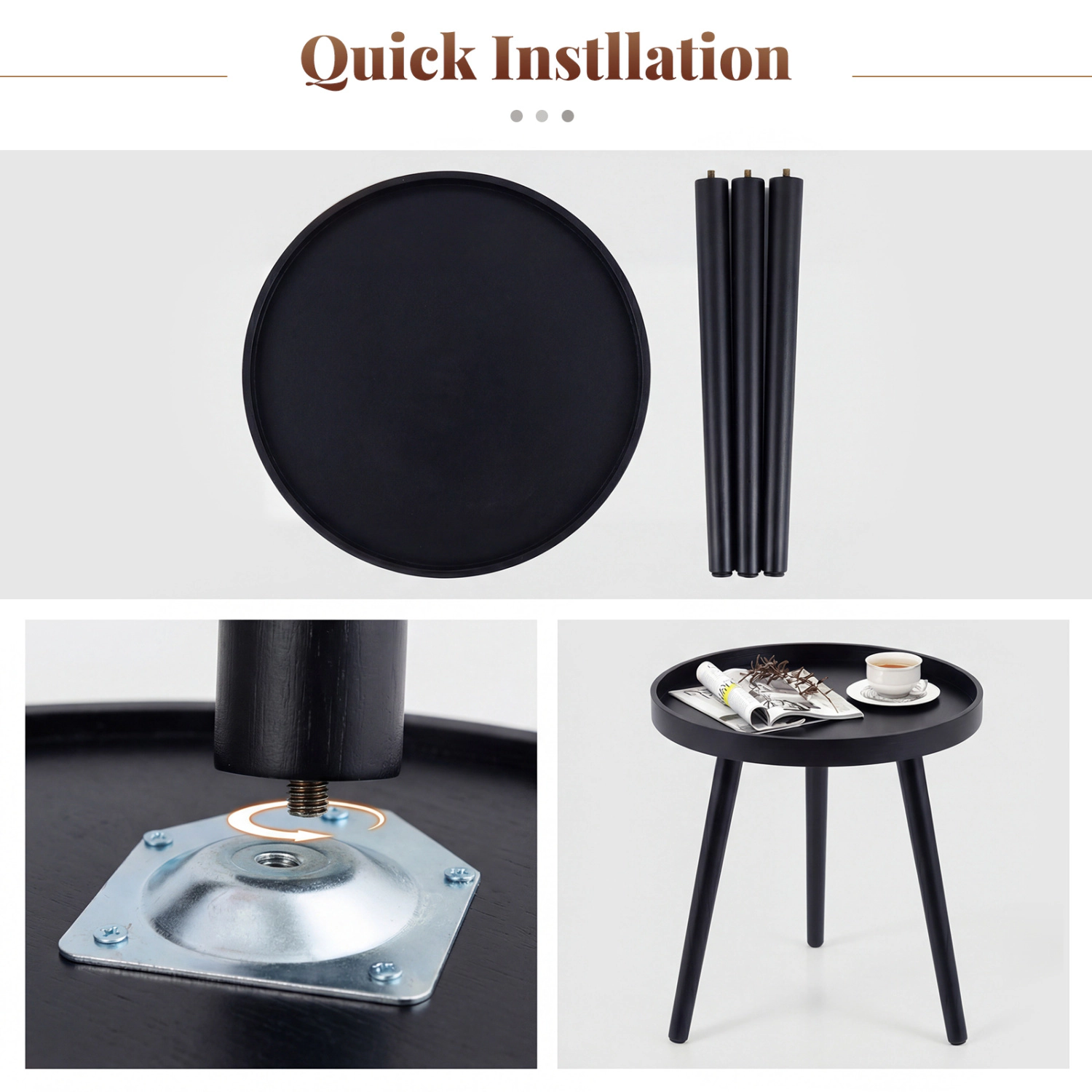 Glintex Mid-Century Round Tray-Top Side Table with Bamboo Legs and Lipped Edge