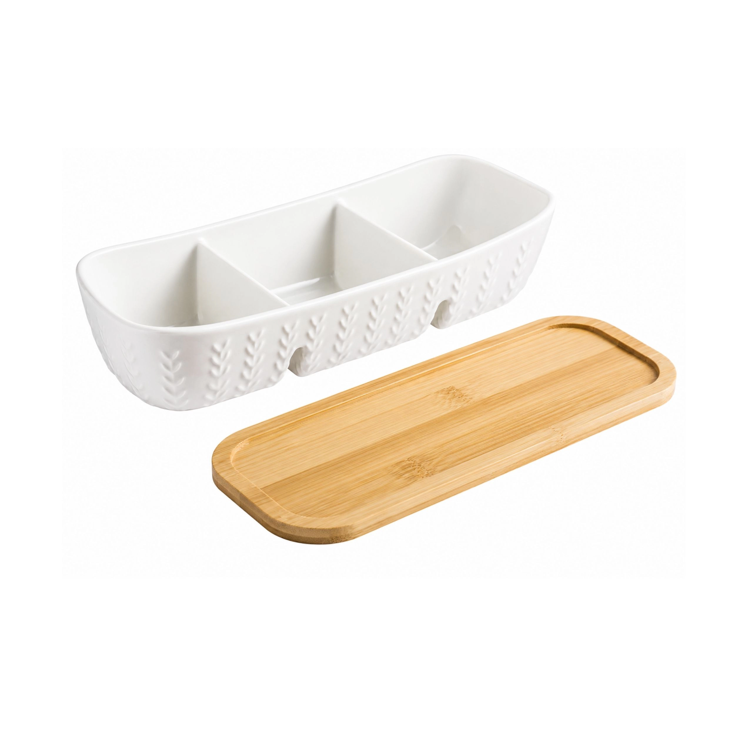 Stock Preferred Ceramic Chip and Dip Bowl Set with Divided Acacia Wood Serving Tray