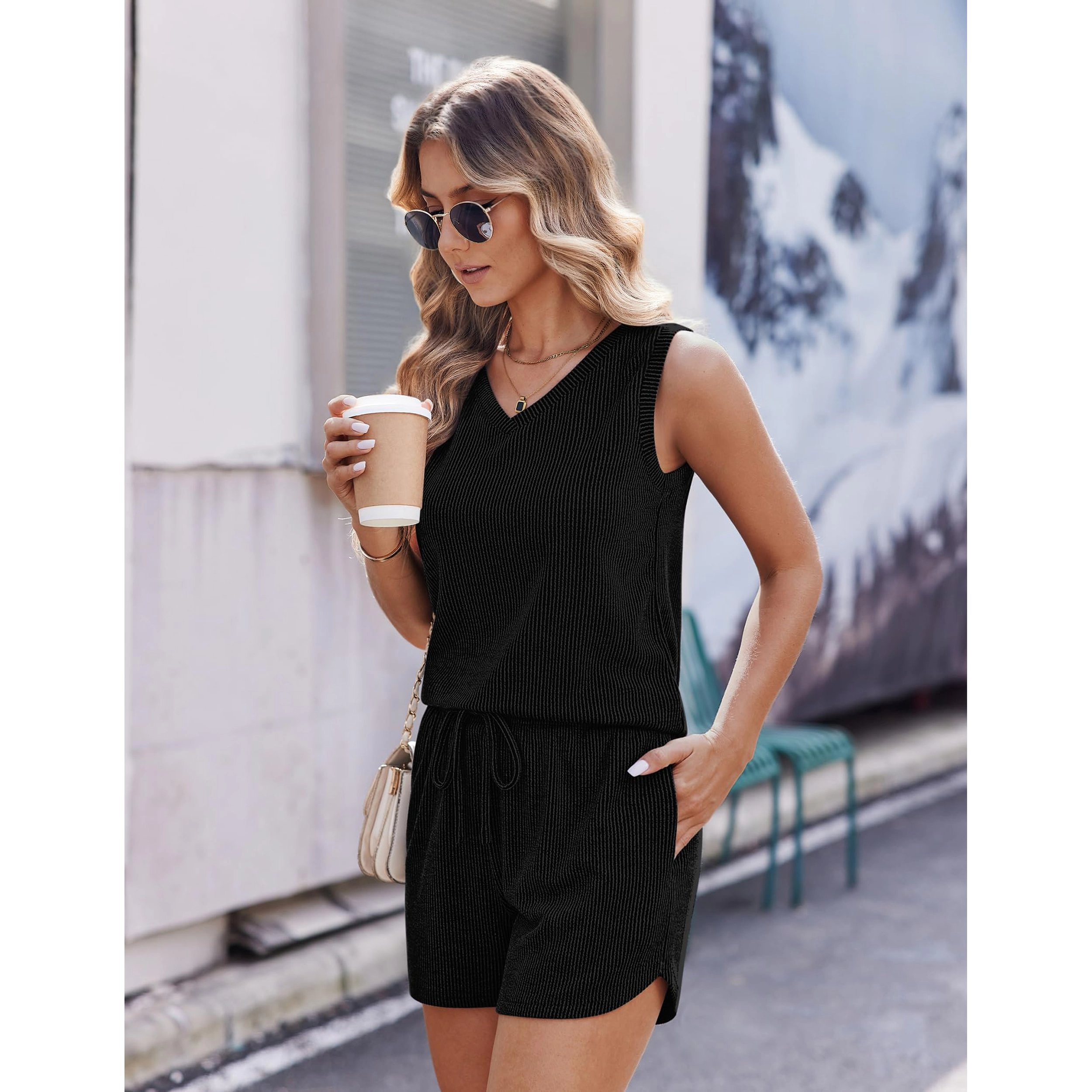 Ekouaer Womens Short Sets 2 Piece Lounge Set Knit Tank Top and Pajama Shorts Outfits with Pockets