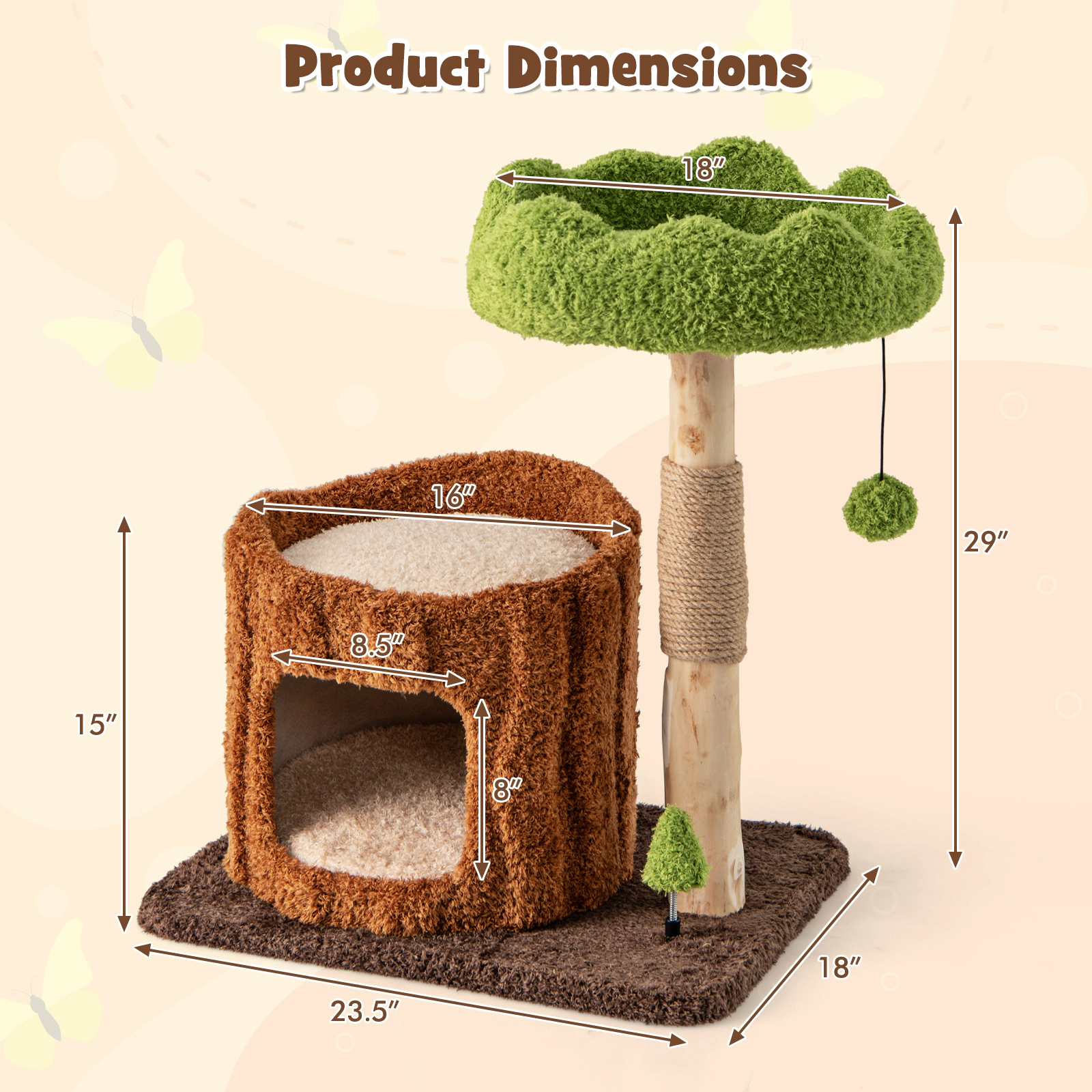 SUGIFT 29-in Cat Tree Tower with 16-in Round Condo Sisal Post Scratching Panel and Wide Top Perch