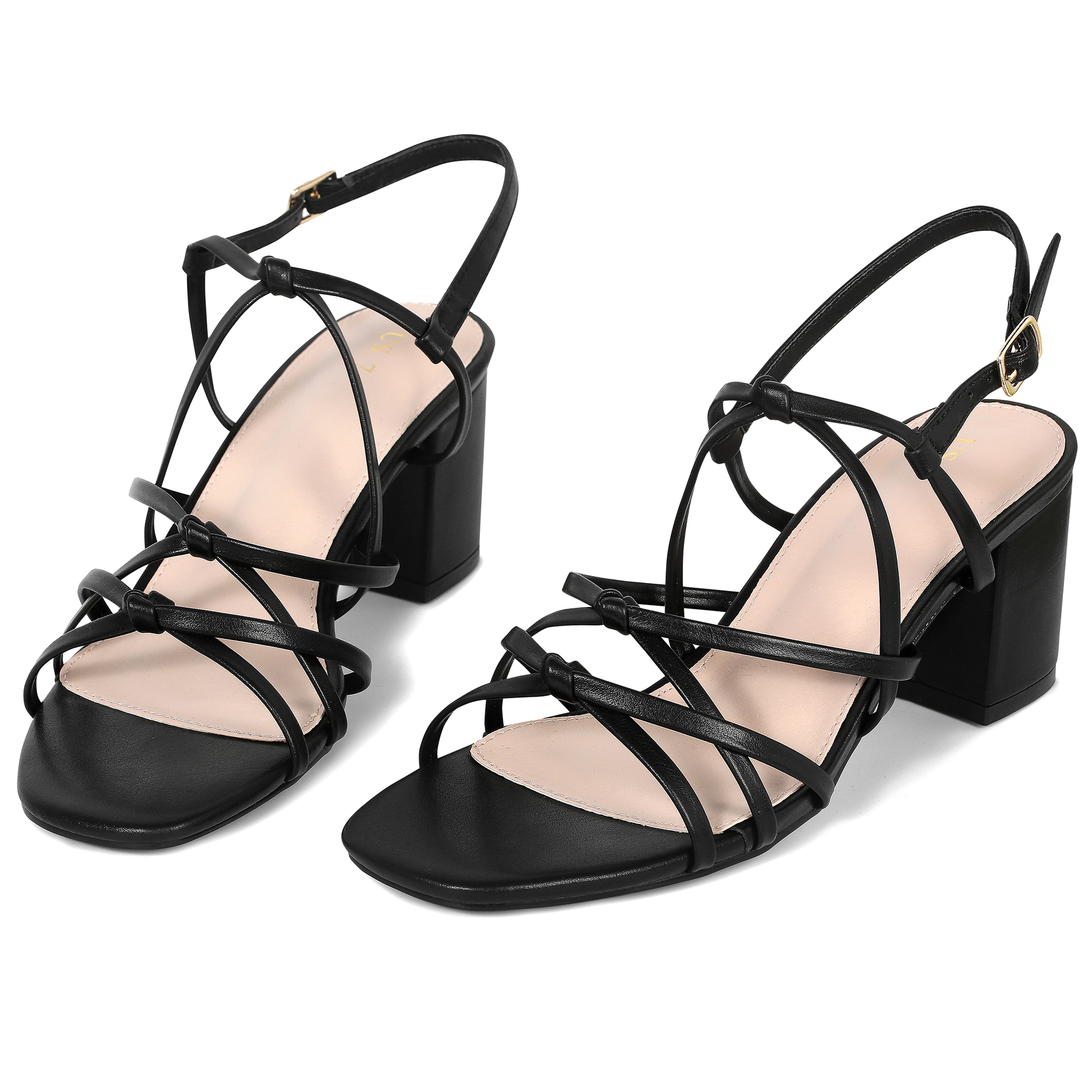 BLISSFUL STEP Women's Square Toe Knots Ankle Strap Chunky Heels Sandals