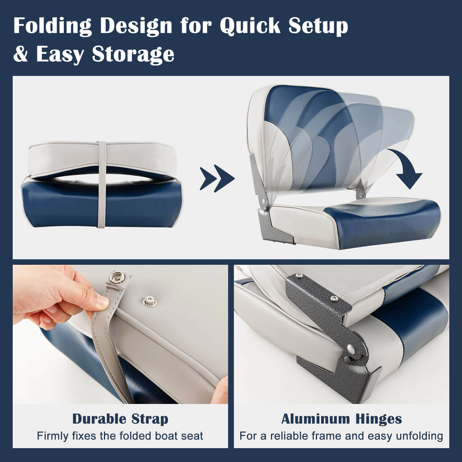 SUGIFT Folding Low Back Boat Seat Set with Sponge Padding and Aluminum Hinges 400-lb Capacity Blue