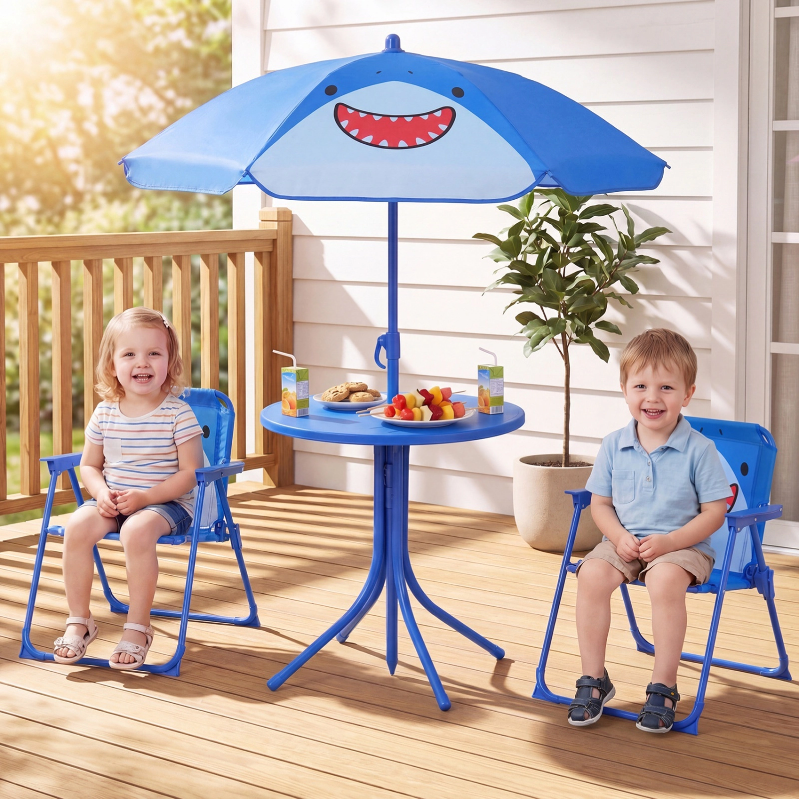 SUGIFT Kids Outdoor Table and Chair Set with Adjustable Umbrella, 2 Folding Chairs, Blue
