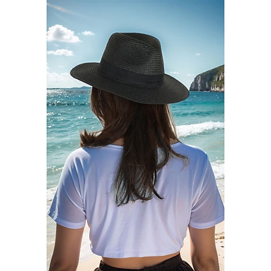 Anna-Kaci Women's Wide Brim Straw Fedora Sun Hat with Black Band Packable Summer Panama Hat for UV Protection