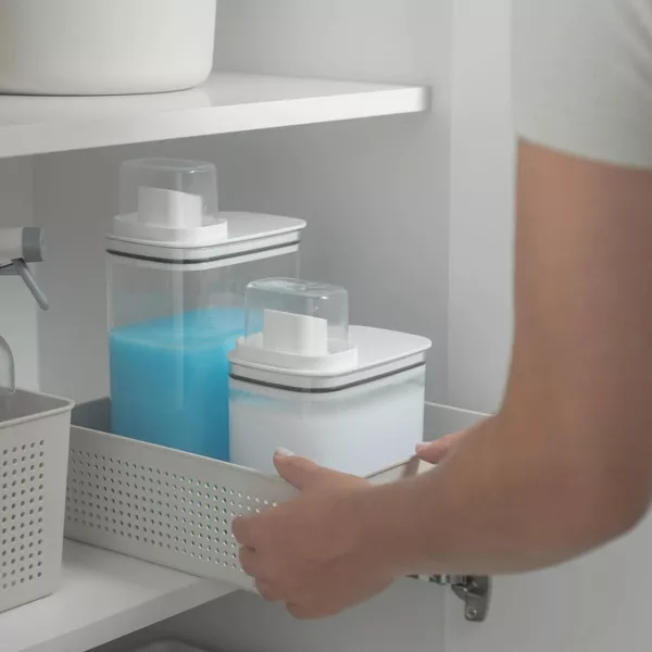 OU Laundry Detergent Dispenser w/ Measuring Cap, Liquid Laundry Soap & Fabric Softener Dispenser w/ Drip Return Lid