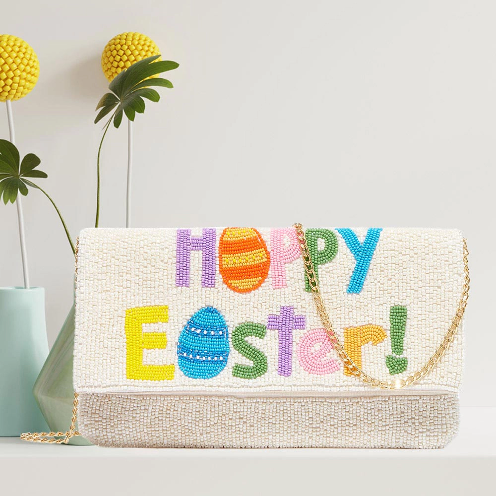 Fashnzfab Happy Easter Message Seed Beaded Clutch / Crossbody Bag