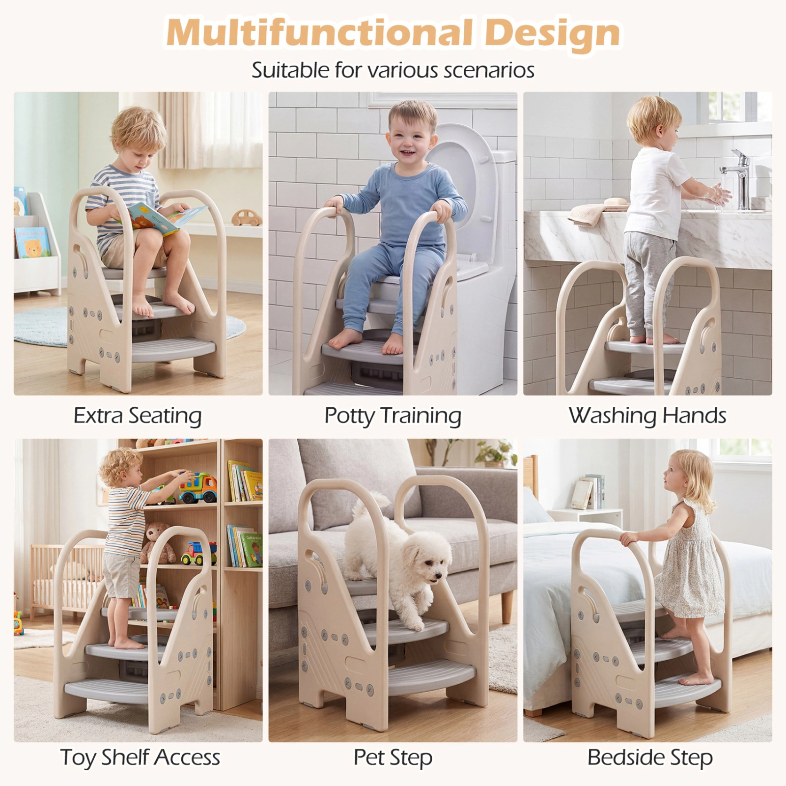 SUGIFT Adjustable 3-Step Helper Stool with Safety Handles for Kids 66-lb Capacity Ages 3+ Beige and Gray