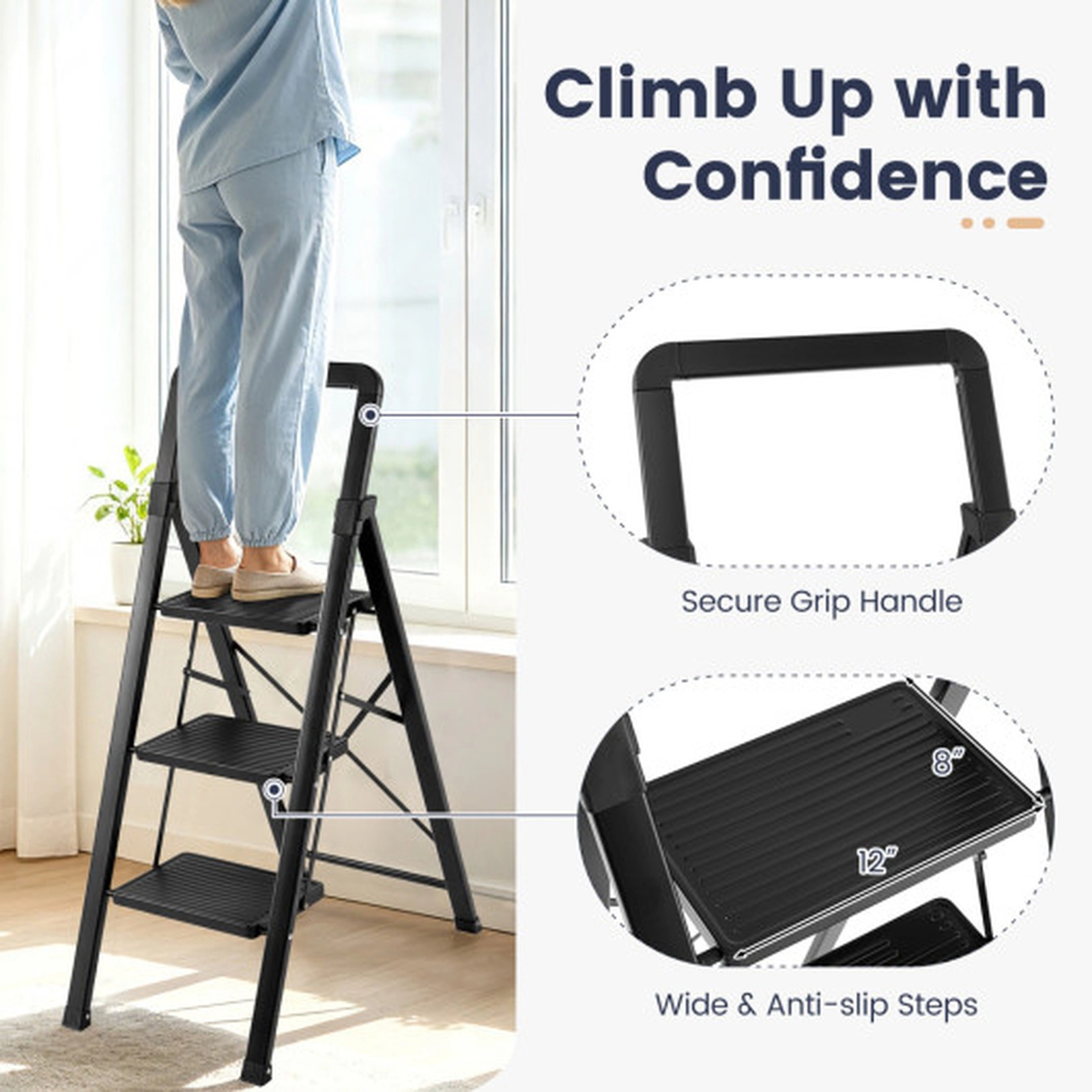 SUGIFT 3-Step Folding Step Stool with Wide Anti-Slip Pedals and Grip Handle 42-in H 330-lb User Capacity Black