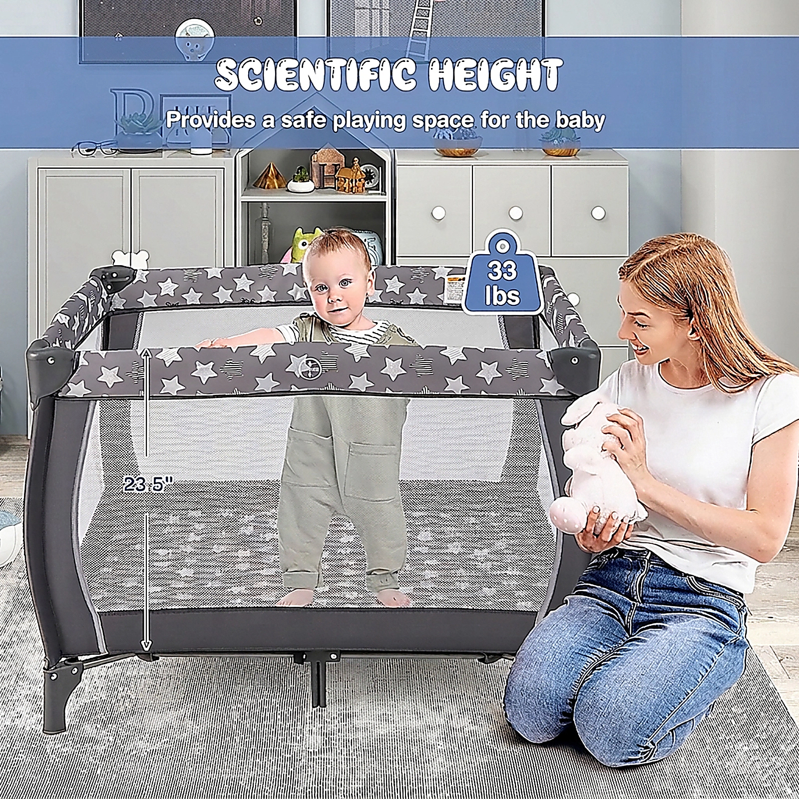 SUGIFT Portable Baby Playard with Changing Table Bassinet and Music Box 33-lb Capacity Ages 0-3 Years Gray