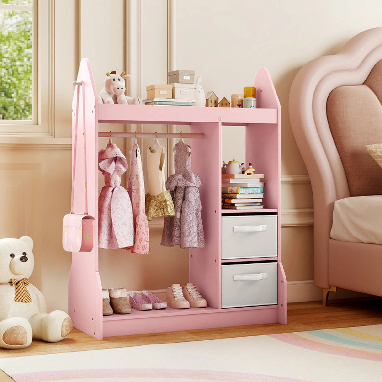 SUGIFT Kids Play Armoire Dresser Toy Organizer with Clothes Hanger 110-lb Capacity Ages 3+ Pink