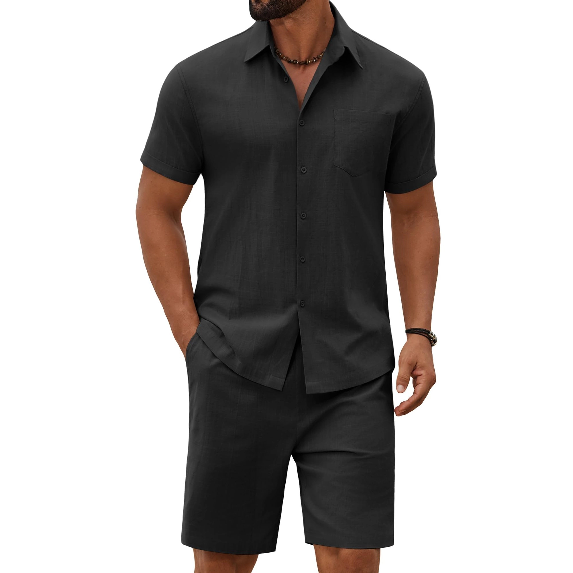 COOFANDY Mens  Short Sleeve Button Down Shirt Lapel Collar Casual Shorts Set