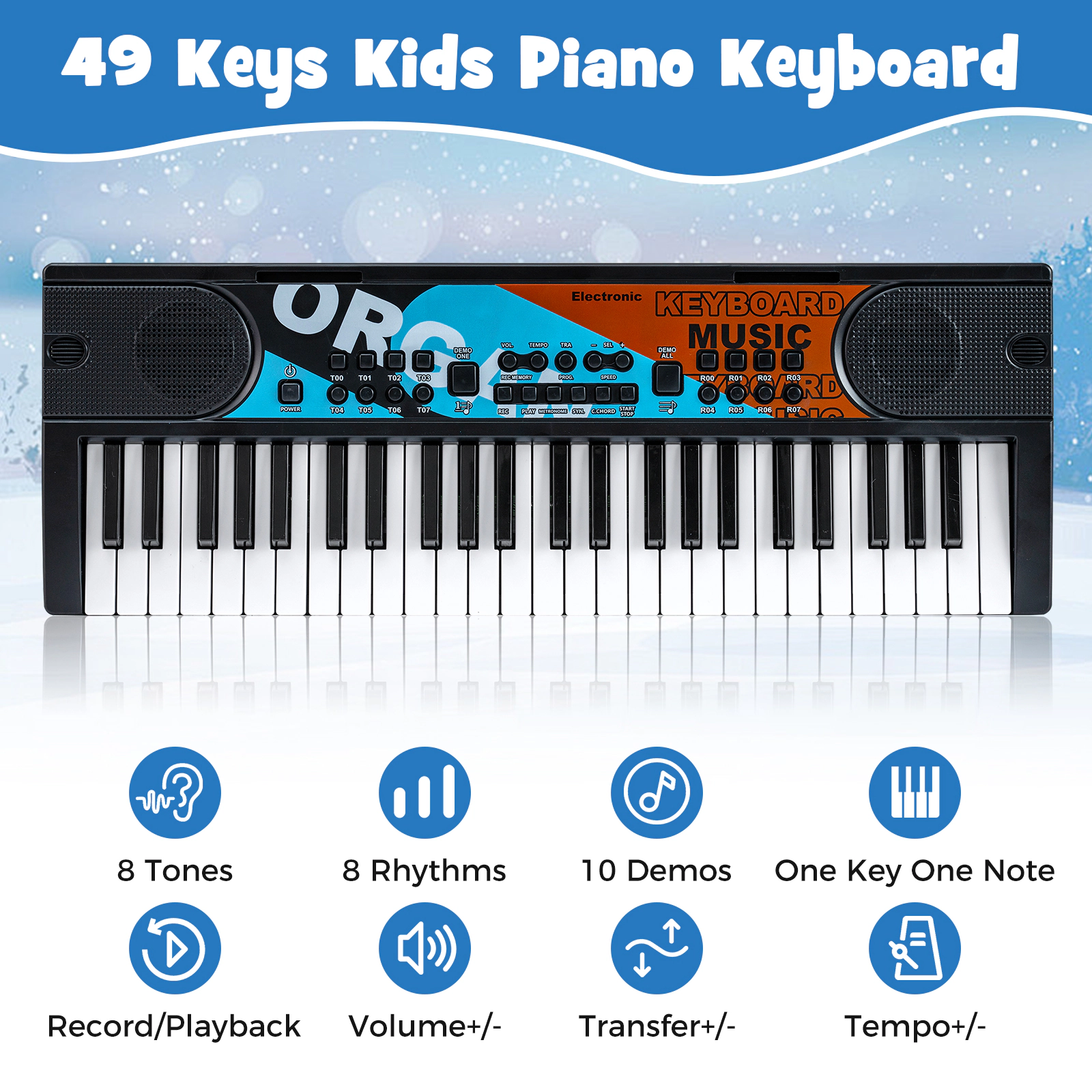 SUGIFT 49-Key Portable Kids Electric Keyboard Piano with 8 Rhythms 8 Tones and 10 Demo Songs Ages 3+ Black/White