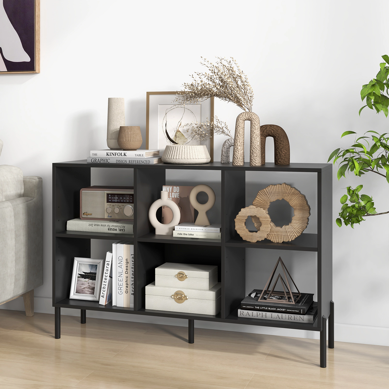 SUGIFT Open-Back Engineered Wood 3-Tier Bookshelf Adjustable Shelves 135-lb Tabletop Capacity 33-lb Cube Capacity 47