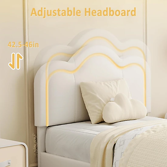 BebreezChic Girls Twin PU Platform Bed Frame with Drawer, Adjustable Upholstered Headboard and Smart LED Lights