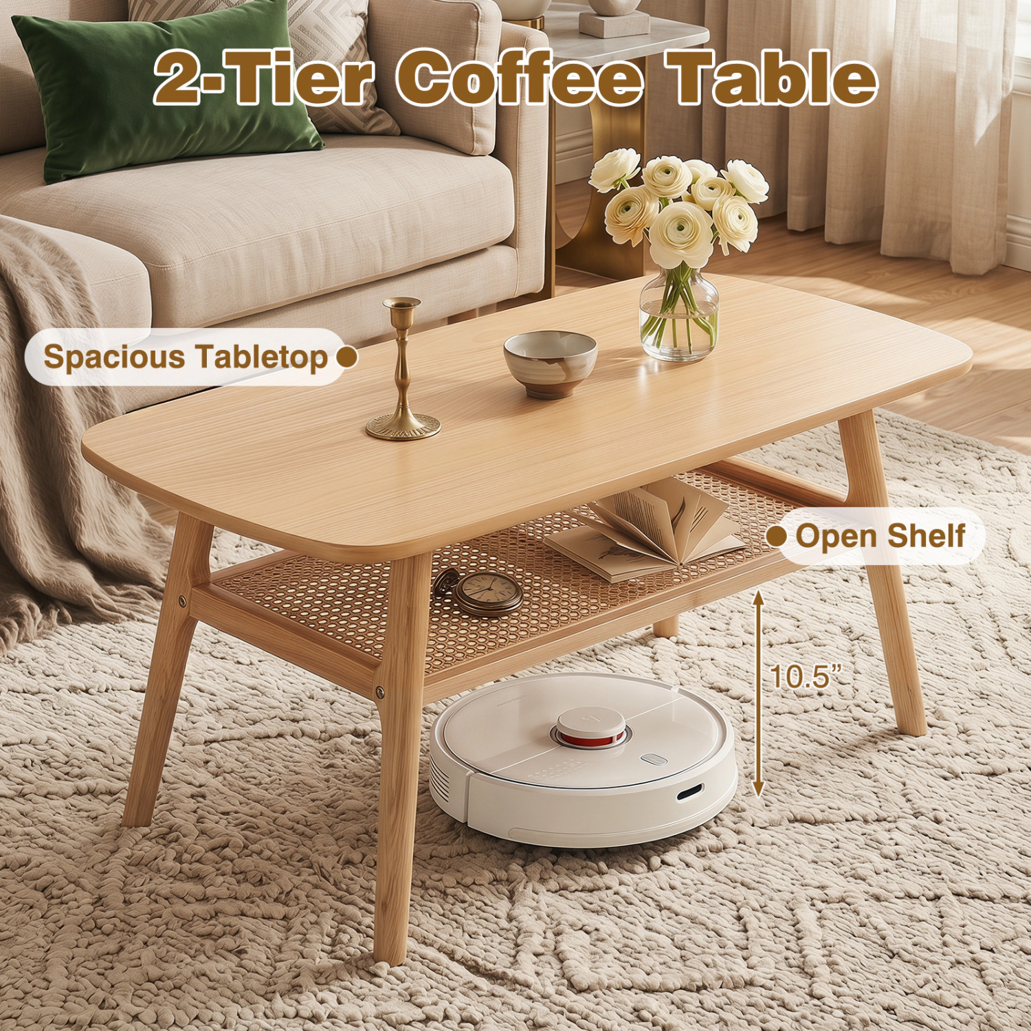 Glintex 2-Tier Boho 39.5-Inch Rattan Coffee Table with Rounded Corners
