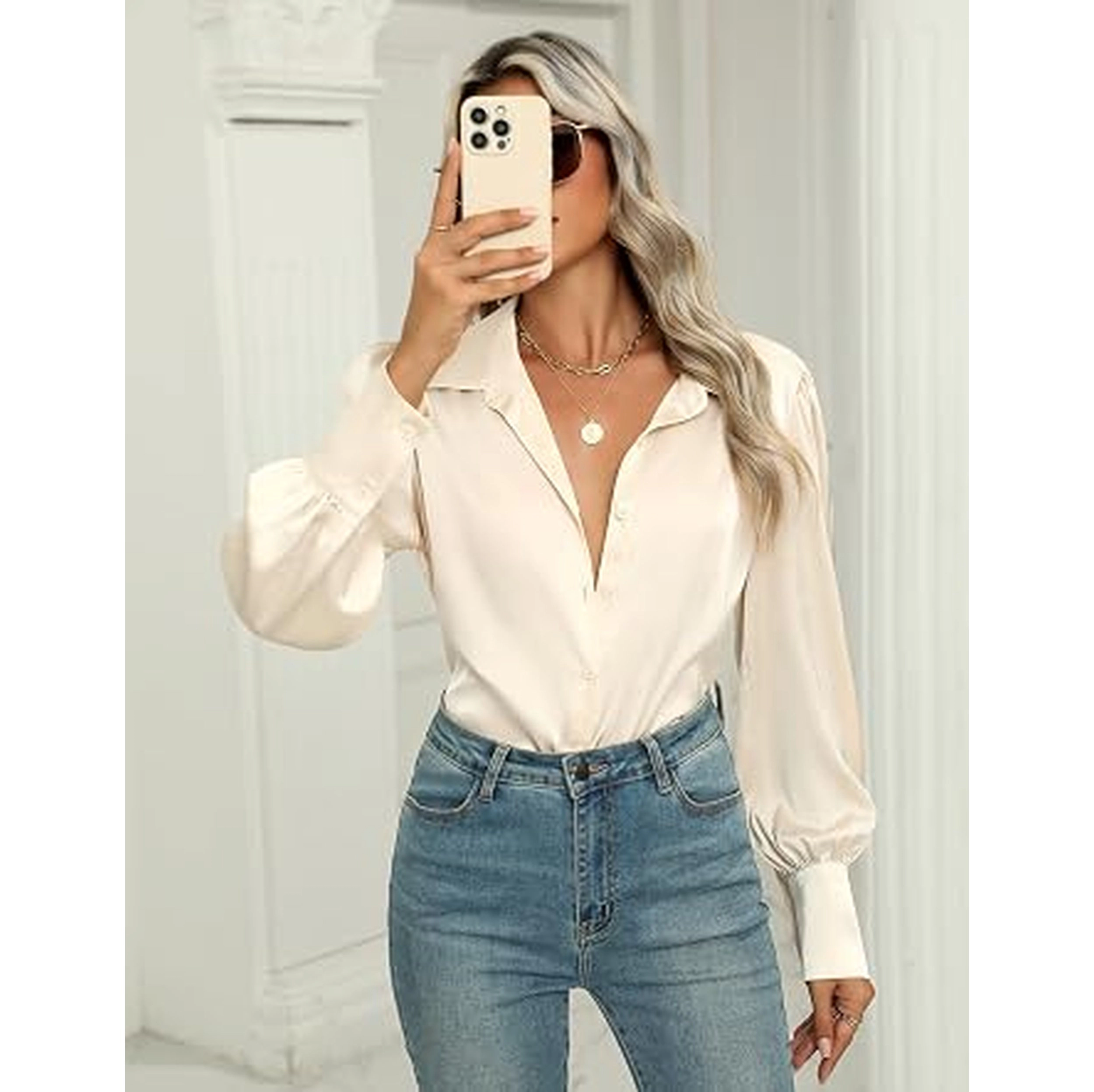 Zeagoo Silk Button Down Blouse for Women Lantern Sleeve Shirt Dressy Casual Work Tunic Top