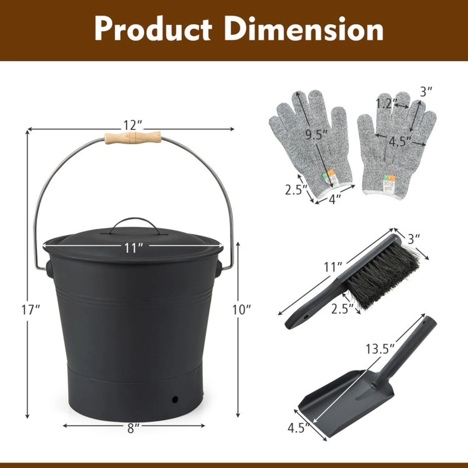 SUGIFT 11-Inch Metal Ash Bucket with Lid, Shovel, Brush and Level 5 Cut-Resistant Gloves