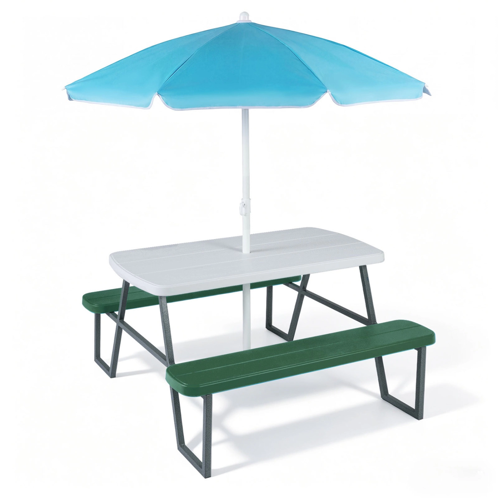 SUGIFT Kids Picnic Table with Benches and Umbrella Metal and HDPE 88-lb Table 660-lb Bench Capacity Ages 3+ Green