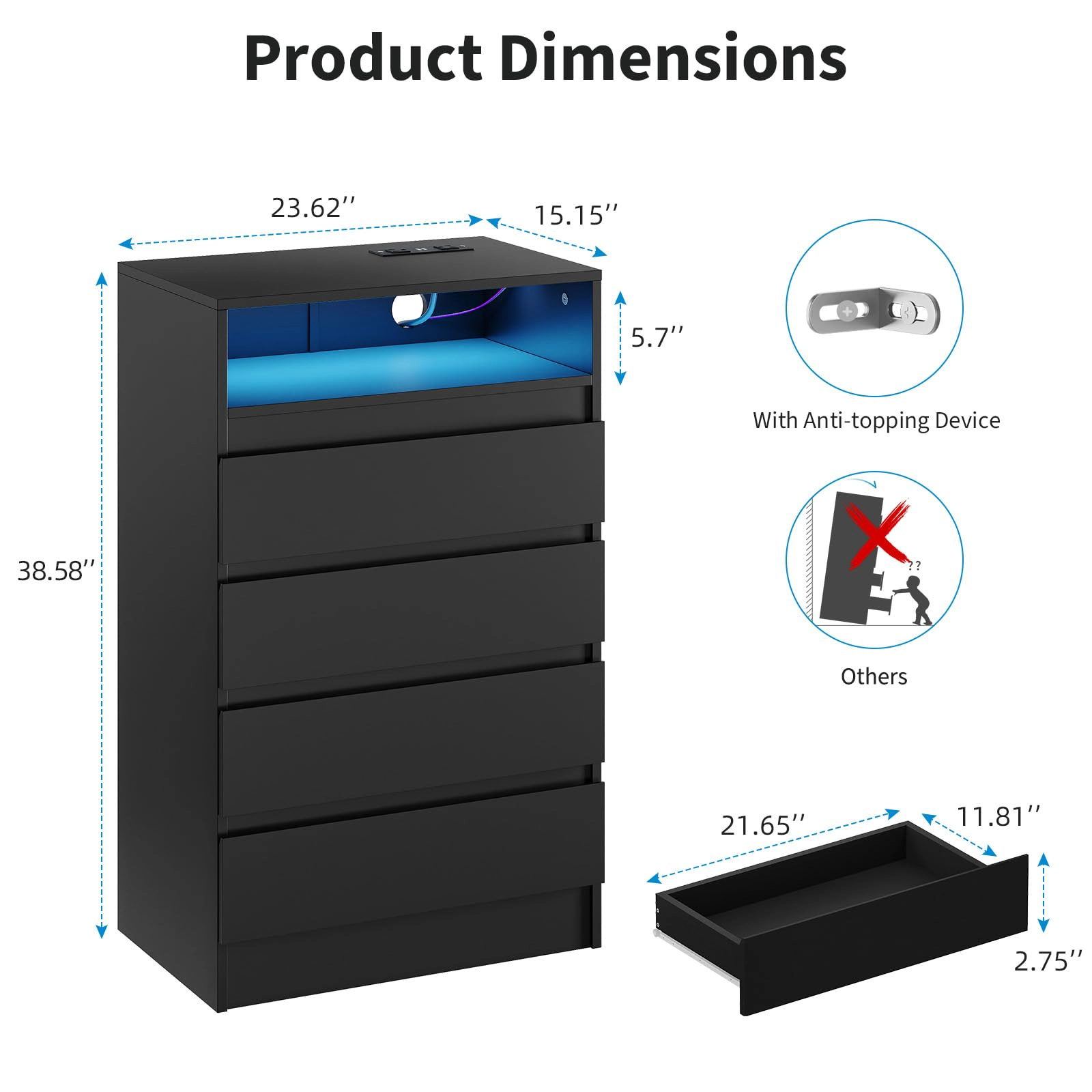 4 Drawer Dresser with Charging Station & LED Lights, Modern Chest Power Outlets for Bedroom