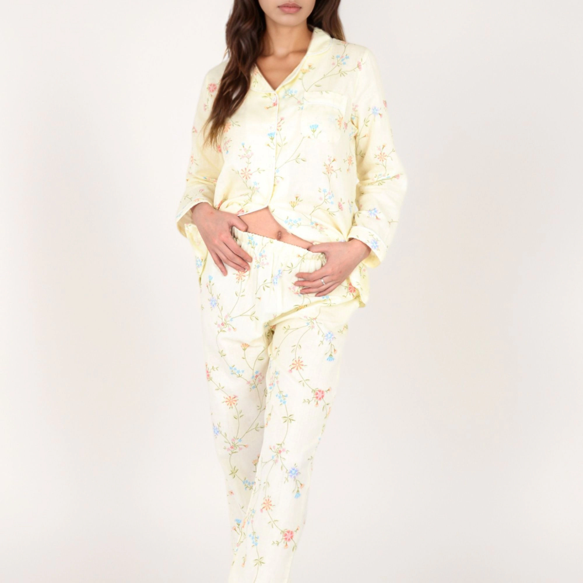 Anna-Kaci Women's Yellow Floral Print Long Sleeve Pajama Set Button Up Top Single Chest Pocket and Relaxed Fit Pants
