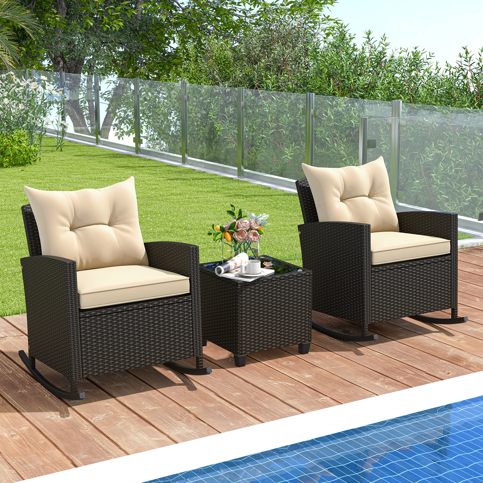 LJG Patio Rattan Rocker Chairs with Tempered Glass Table and Soft Cushions