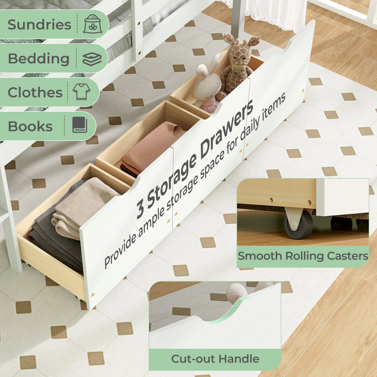 Twin Size Low Loft Bed with 3 Rolling Storage Drawers Solid Pine Wood Kids Bed with Integrated Ladder White