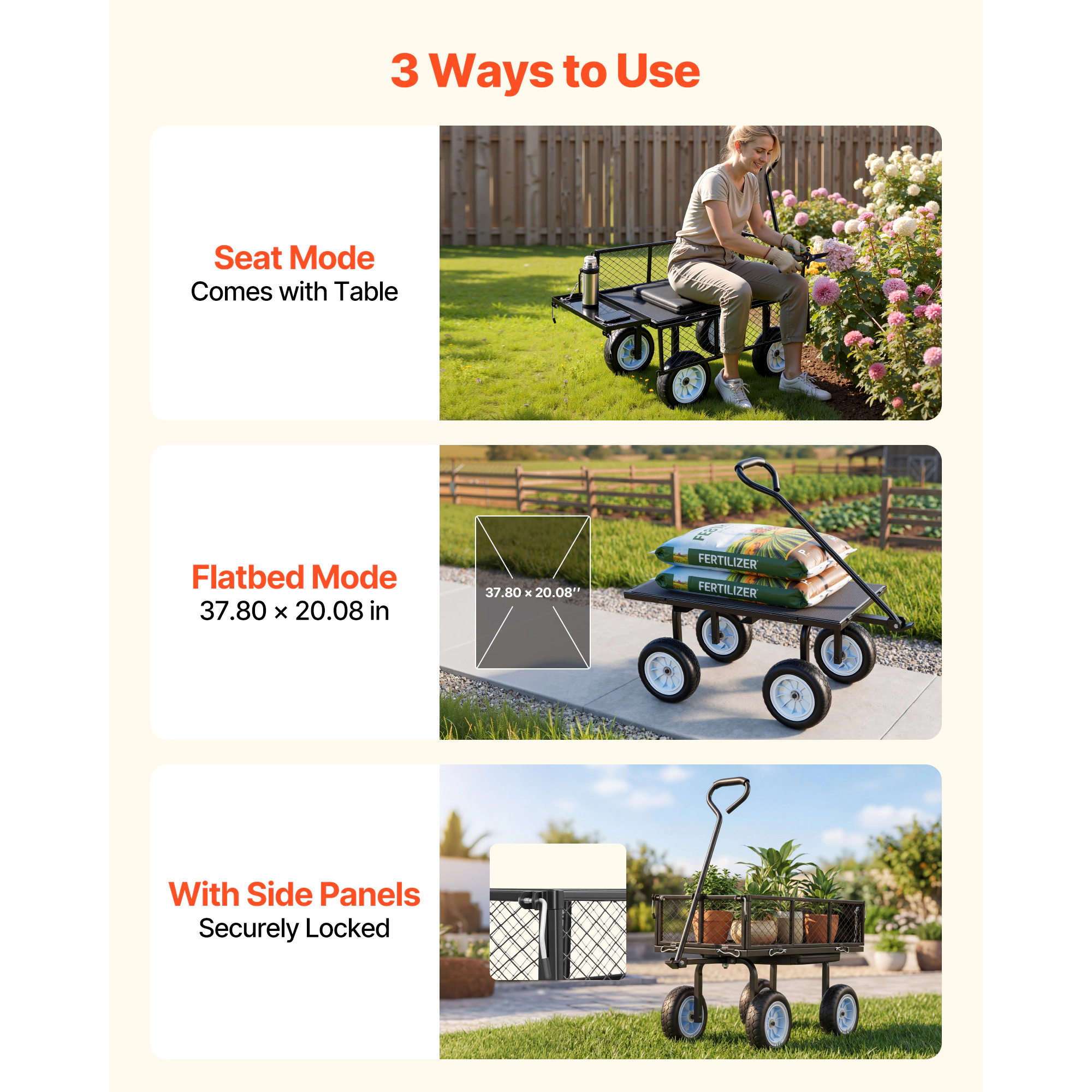 HONGGE Garden Cart with Seat 500 LBS Rolling Steel Work Wheels Heavy Duty Gardening Stool Tool