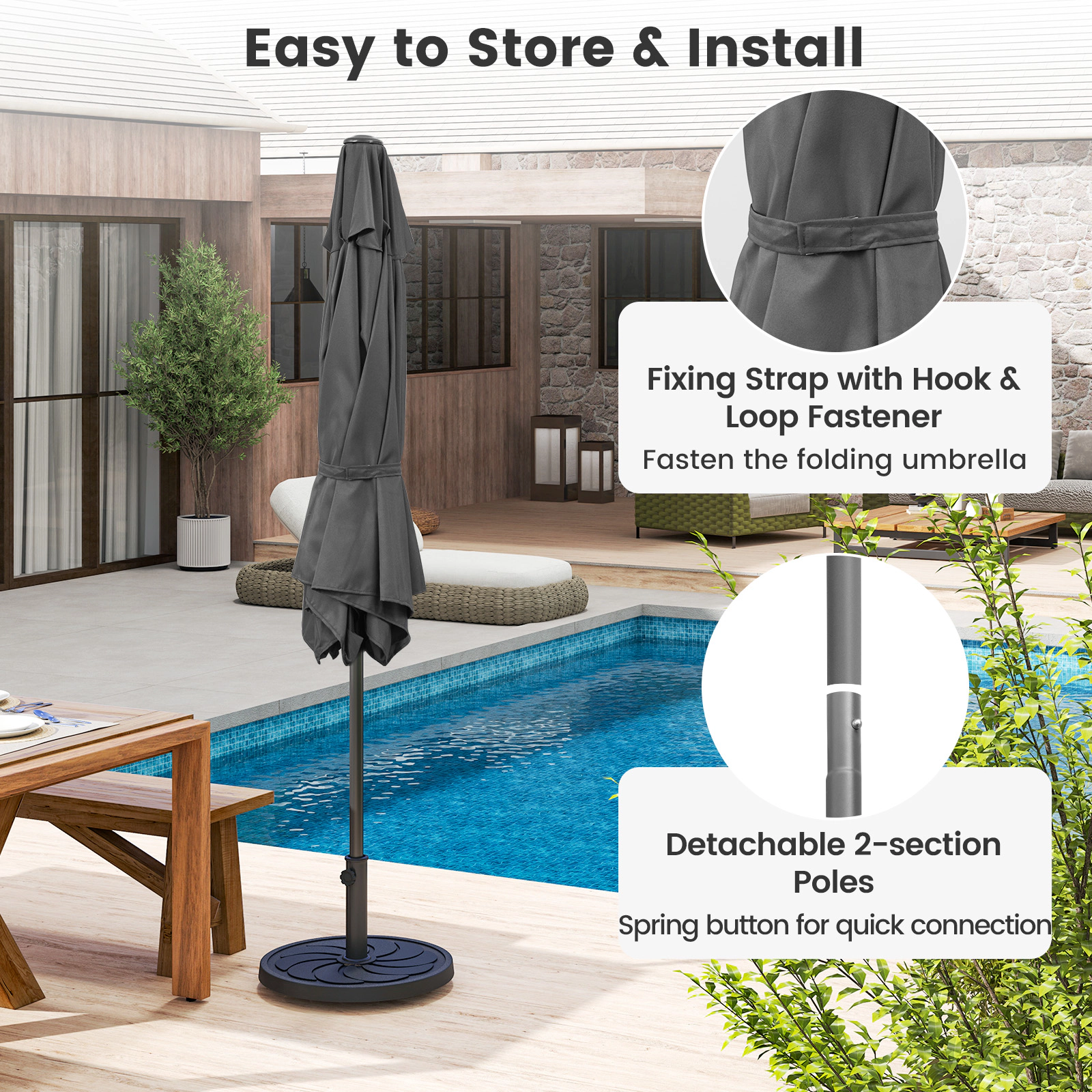 SUGIFT 7.5-ft Gray Small Market Table Patio Umbrella with Push Button Tilt Crank Lift and Vented Canopy