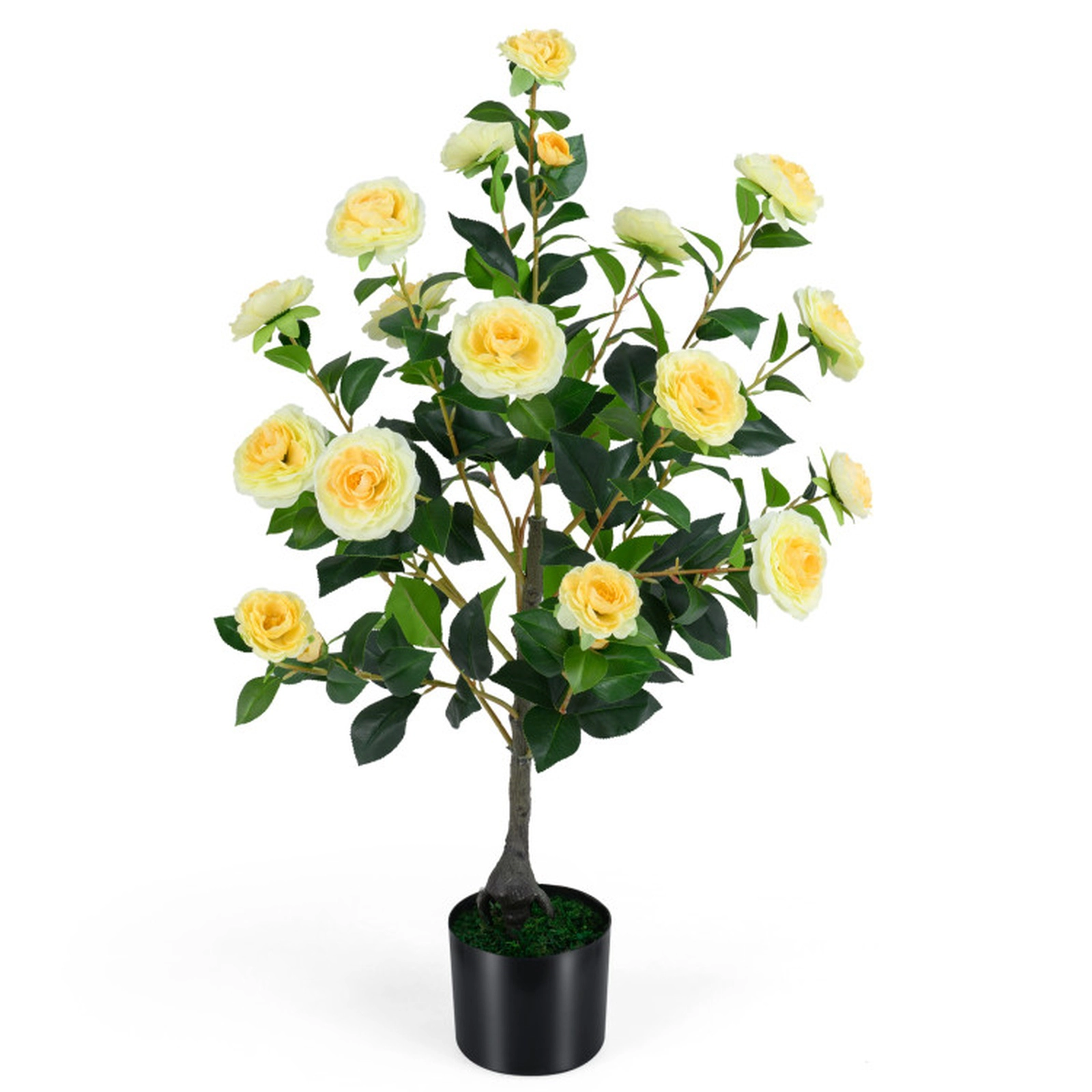 SUGIFT Artificial Camellia Tree Faux Flower Plant in Cement-Filled Pot 35.5-in Tall Yellow