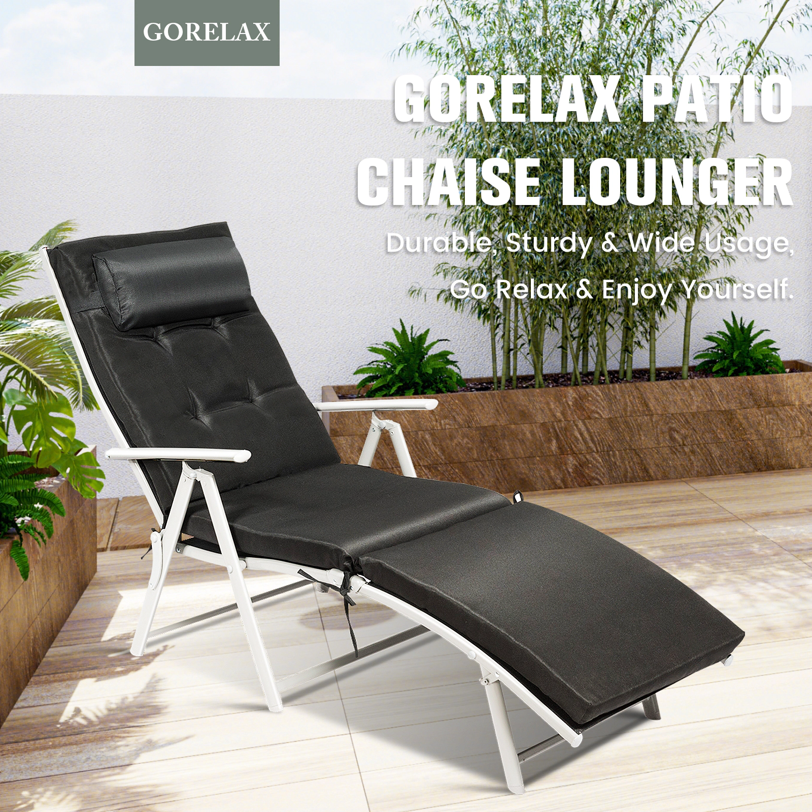 SUGIFT Adjustable 7-Position Outdoor Folding Chaise Lounge Chair with Pillow 330-lb Capacity Black