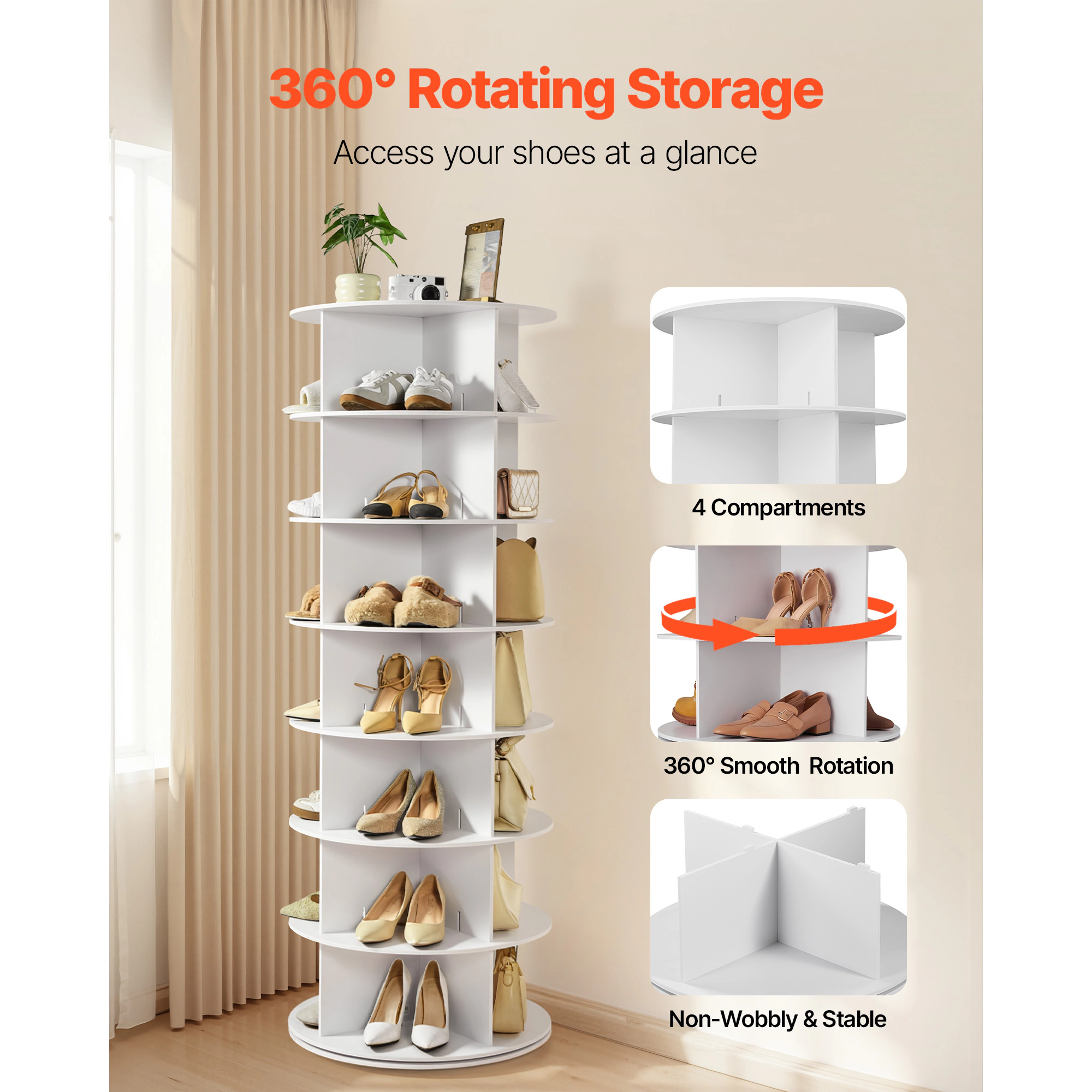 HONGGE Rotating Shoe Rack Tower 360° Spinning Shoe Rack Revolving Storage Round Carousel Display Freestanding Lazy