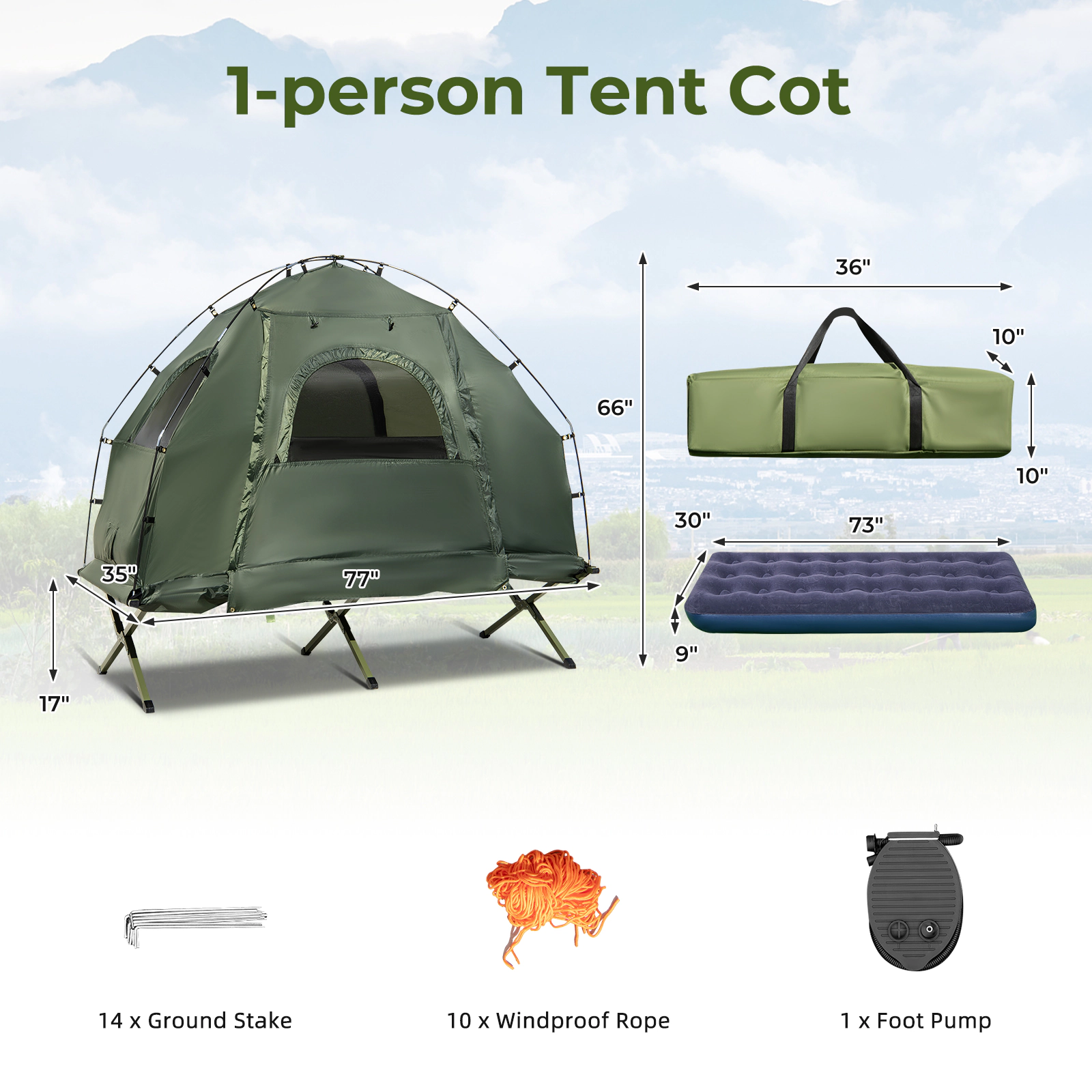 SUGIFT 1-Person Green Folding Camping Tent Cot with Air Mattress and Sunshade 77-in W 35-in D 300-lb Cot Capacity