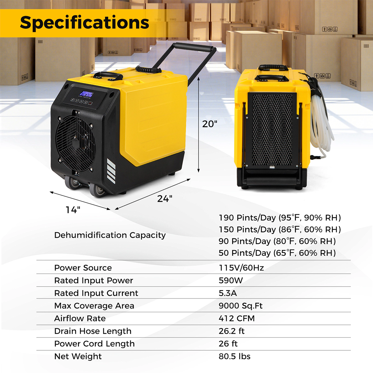SUGIFT Yellow 9000-Sq-Ft 190-Pint Commercial Dehumidifier with Pump and 2 Wheels 24.5-in W 14-in D 20-in H