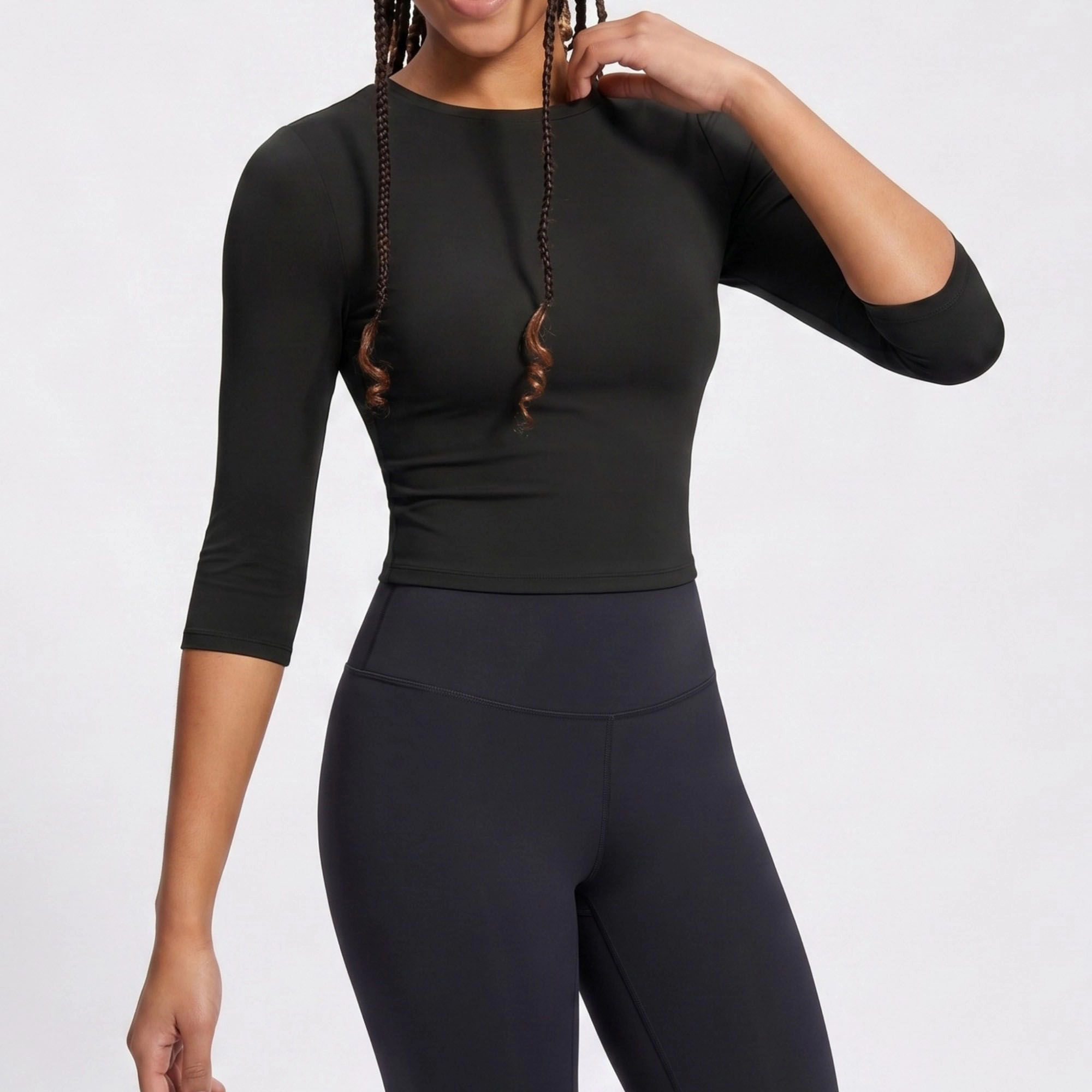 Anna-Kaci Women's Elbow Sleeve Workout Top Crew Neck Fitted Crop Yoga Activewear Shirt