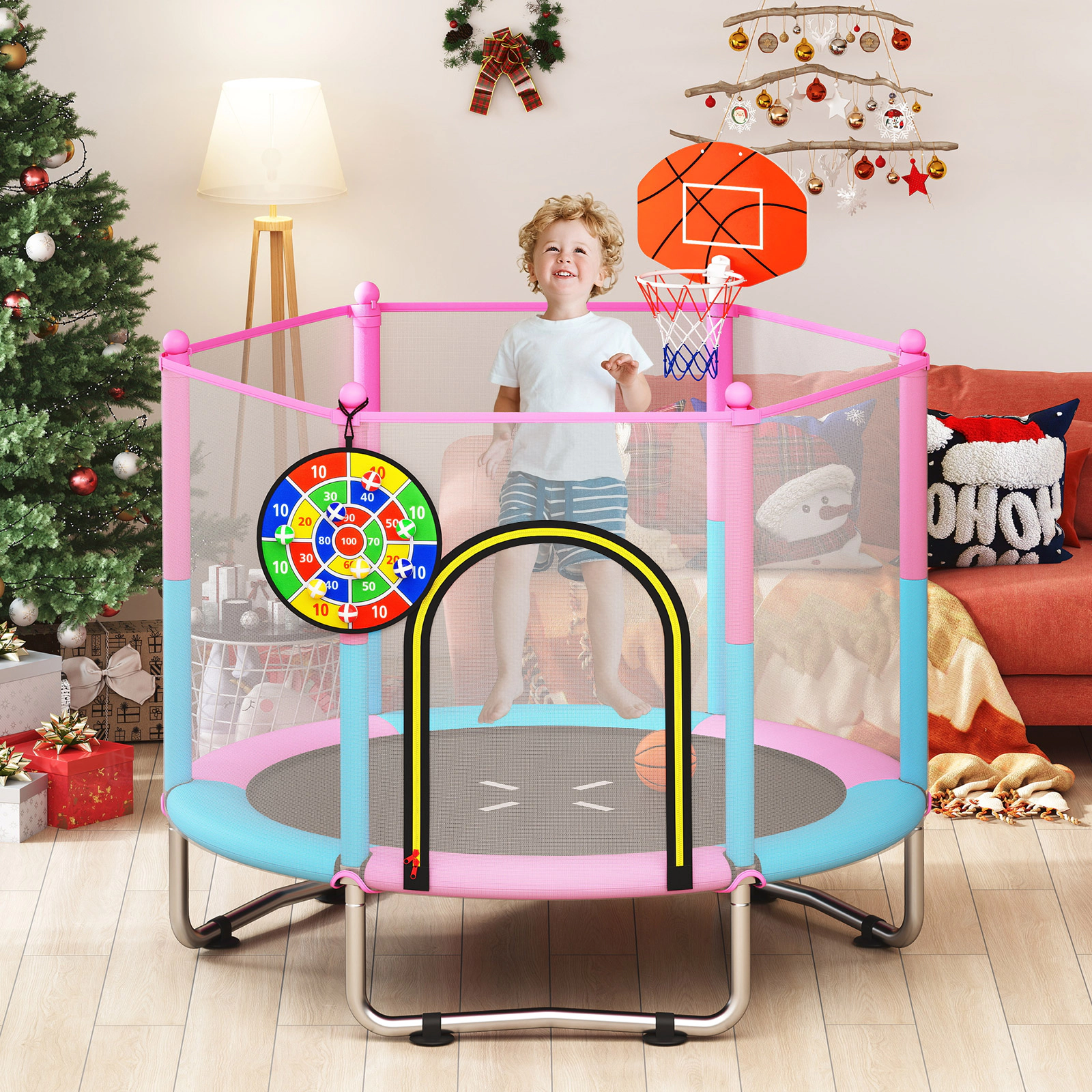 60-in Kids Trampoline Net Basketball Hoop 3-in-1 Dart Board 330-lb Capacity 30 Springs Macaron Recreational Ages 3-6