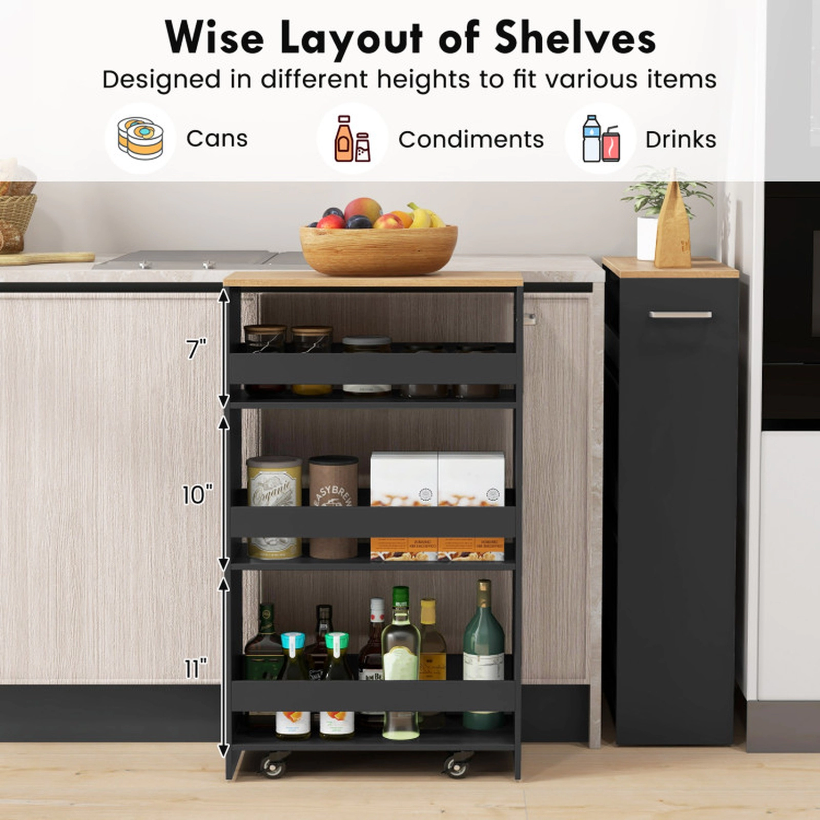 SUGIFT 4-Tier Rolling Slim Kitchen Storage Cart with Open Shelves and Handle 15-lb Upper Shelves 25-lb Bottom Shelf