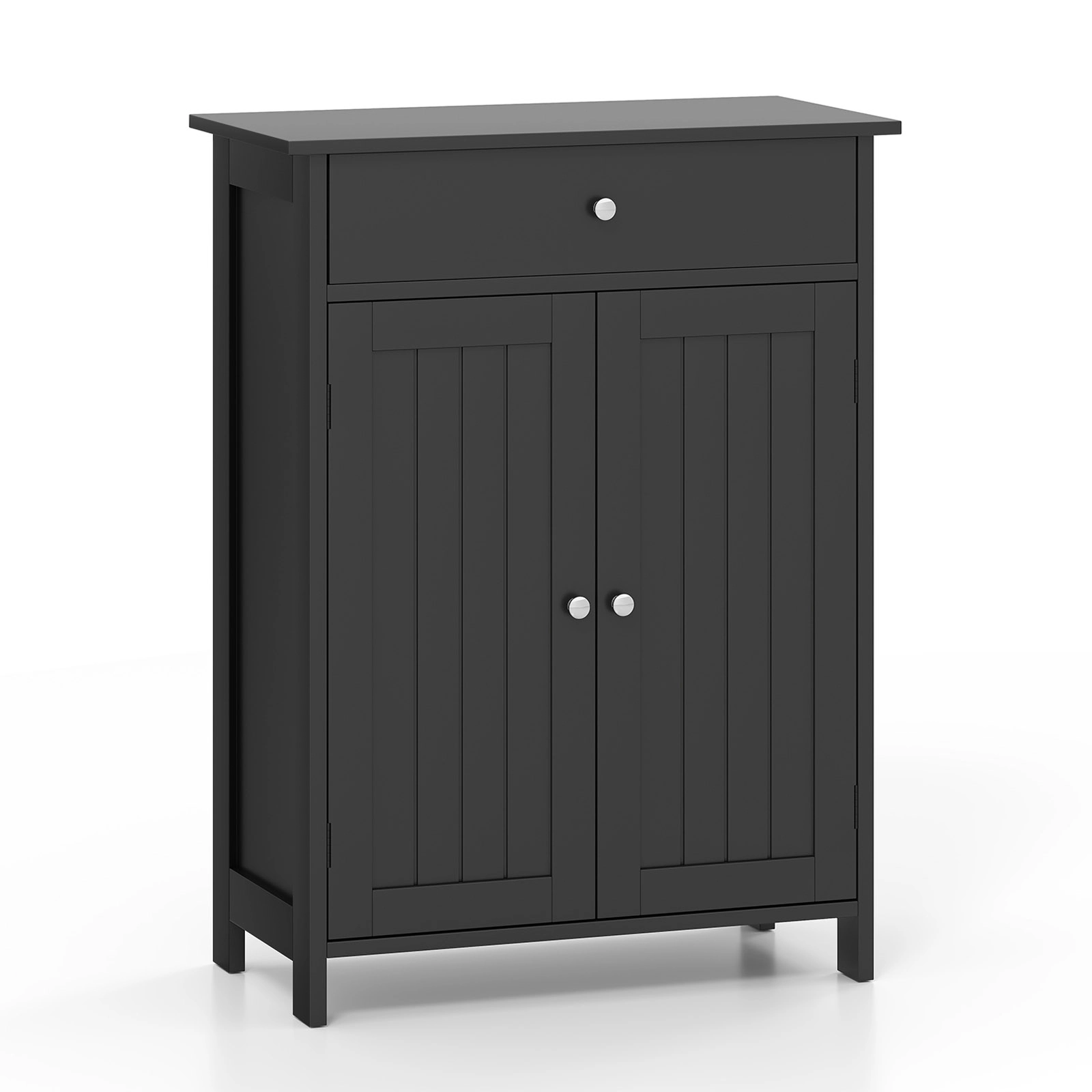 Slickblue Bathroom Floor Storage Cabinet Black MDF 2-Door Drawer Adjustable Shelf