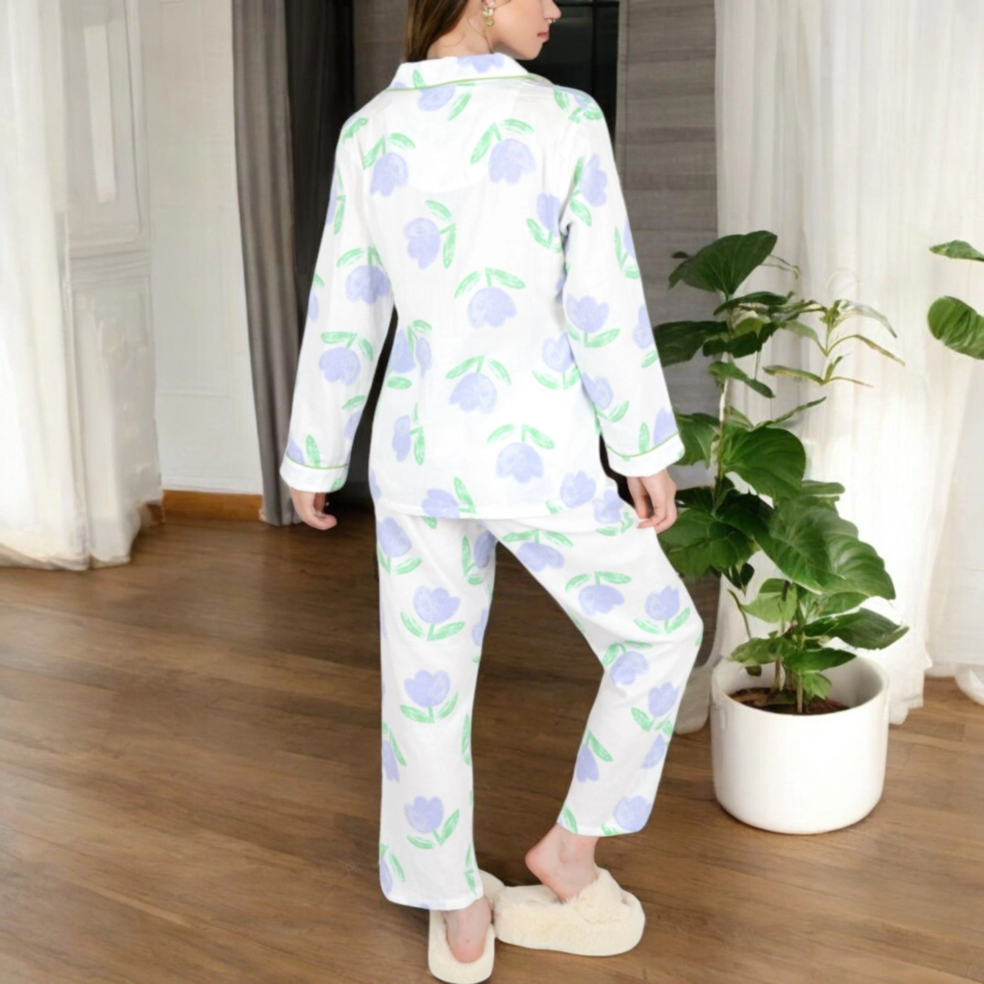 Anna-Kaci Women's Floral Print 2-Piece Pajama Set with Long Sleeve Button Up Top and Relaxed Fit Pants