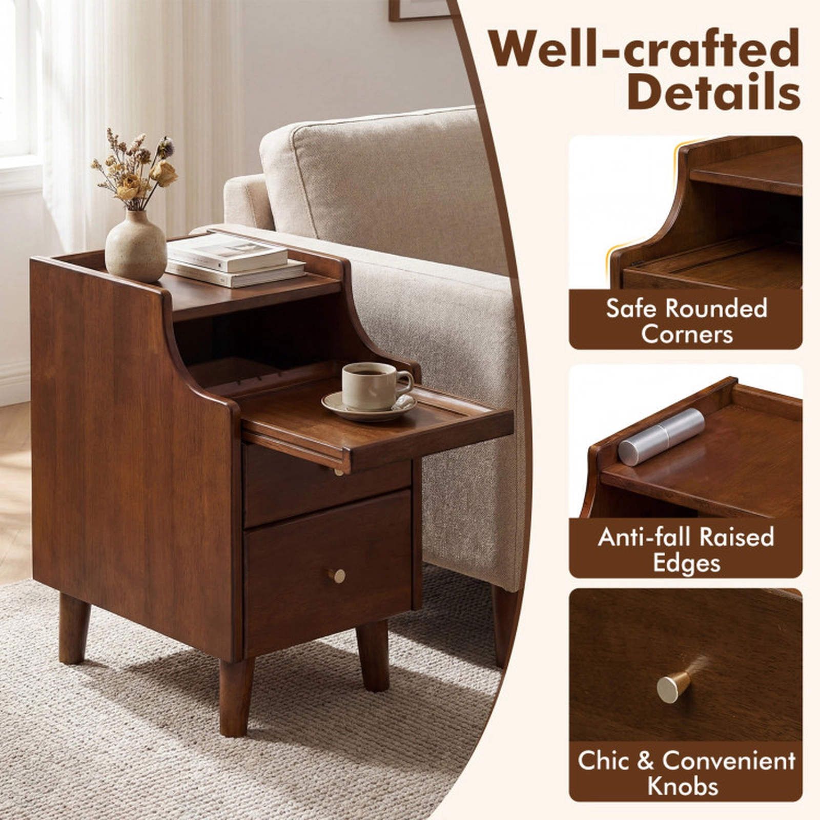 SUGIFT Wood Nightstand with Drawers and Solid Wood Legs 55-lb Top Capacity 11-lb Drawer Capacity 20-in Tall Brown