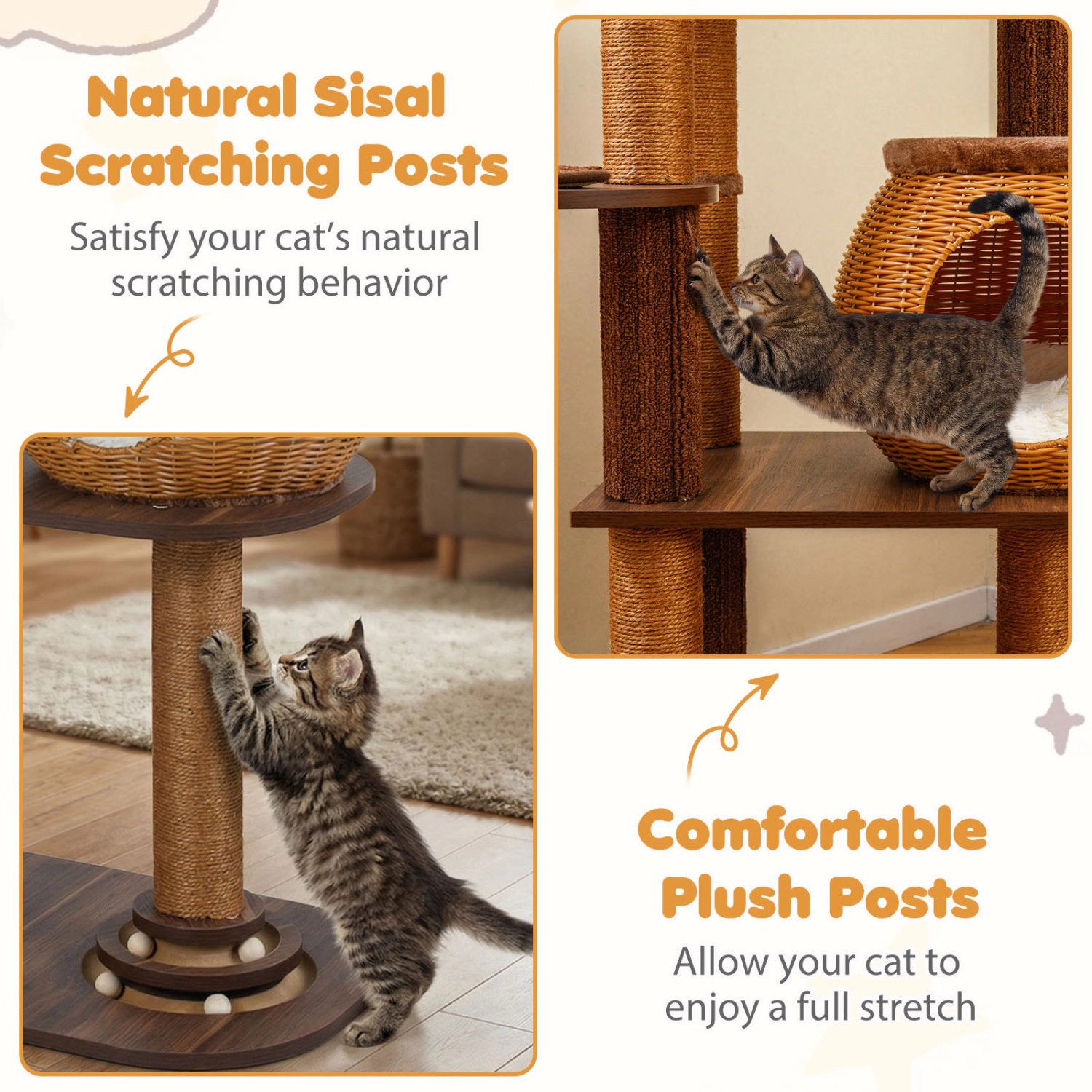 SlickBlue Unisex 59.5 Inch Multi Level Cat Tree with Rattan Condo