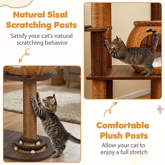 SlickBlue Unisex 59.5 Inch Multi Level Cat Tree with Rattan Condo ...
