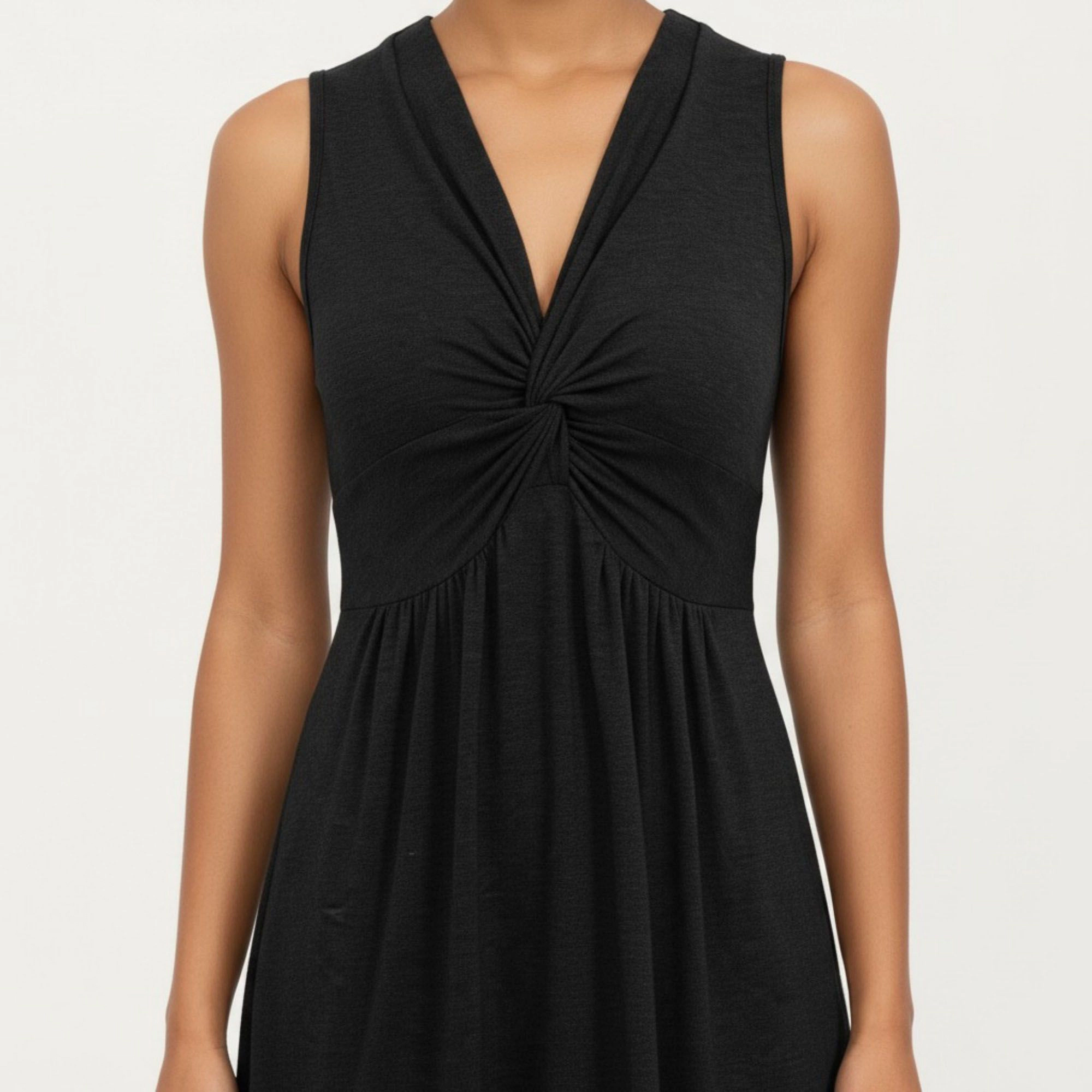 Anna-Kaci Women's Sleeveless V Neck Front Twist Detail Flowy A Line Silhouette Midi Dress